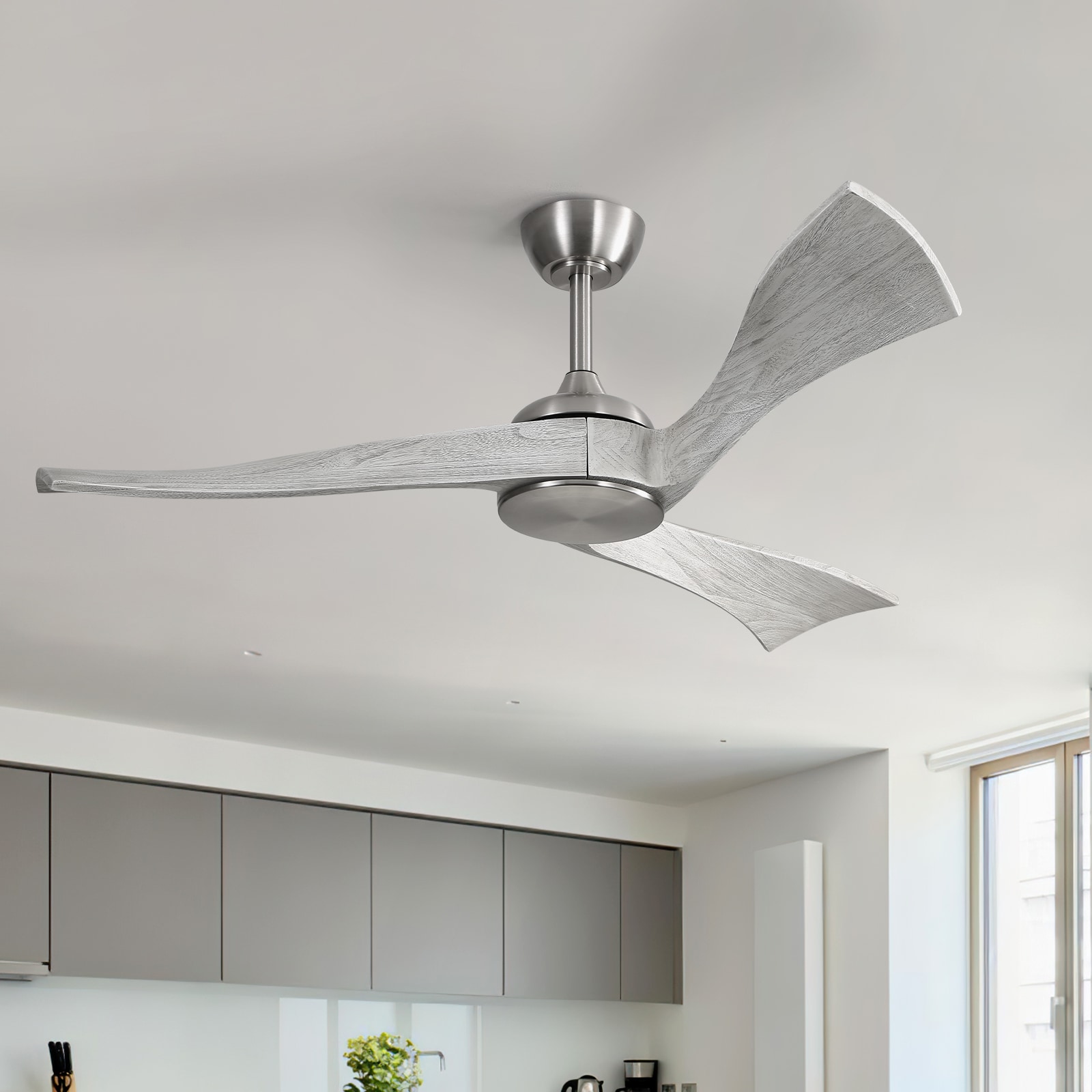 Sofucor L-52K012-BN-WDHMW60W Ayris 52-in Outdoor Nickel with Grey Blades Ceiling Fan and Remote ( 3 -Blade )