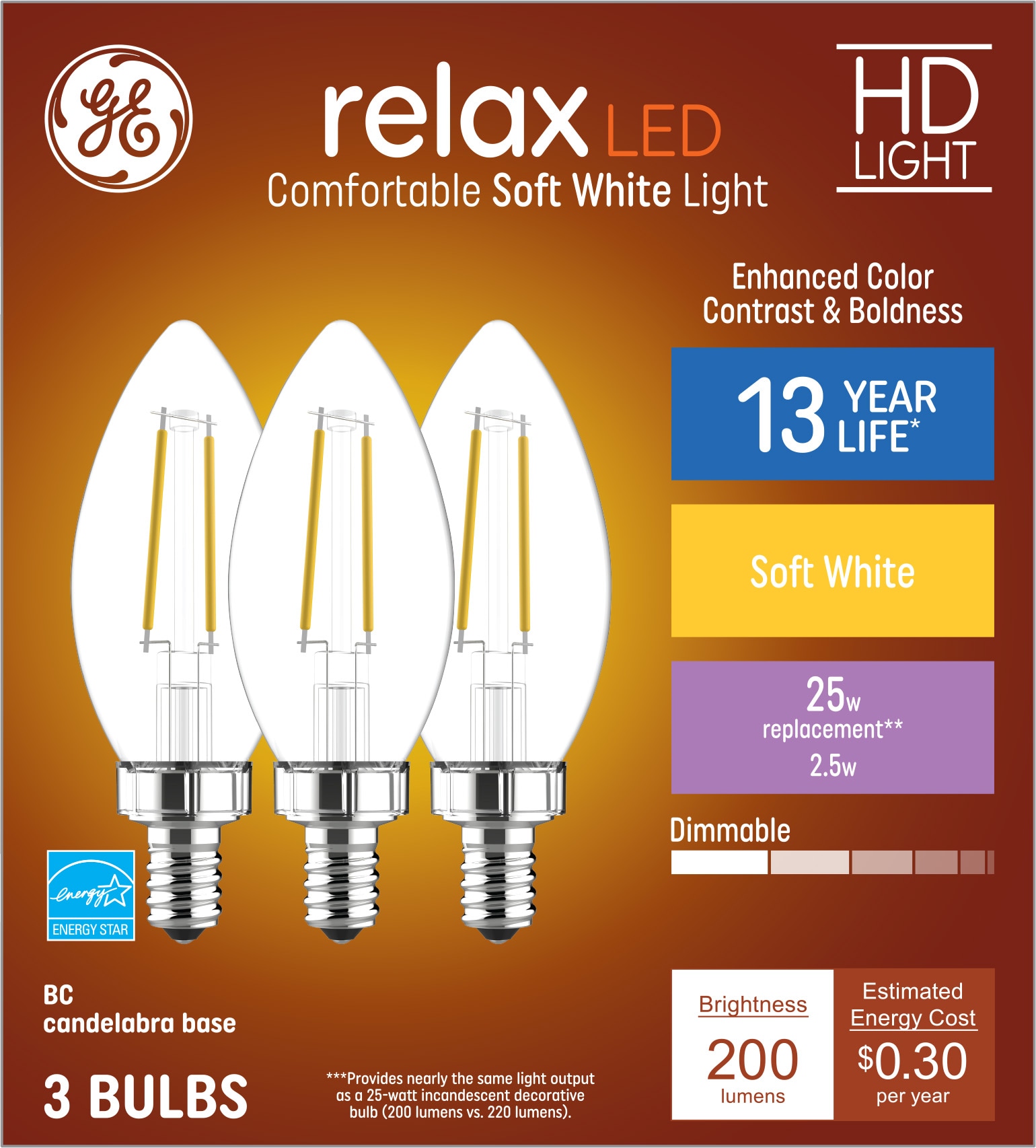 GE Relax 25-Watt EQ B11 Soft Candelabra Base (e-12) Dimmable LED Candle Bulb (3-Pack) Lowes.com