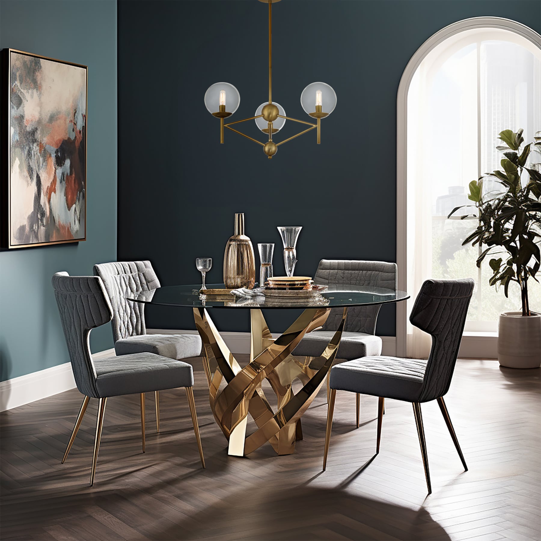 Soft Brass 3-Light Globe Chandelier with Clear Glass Shades
