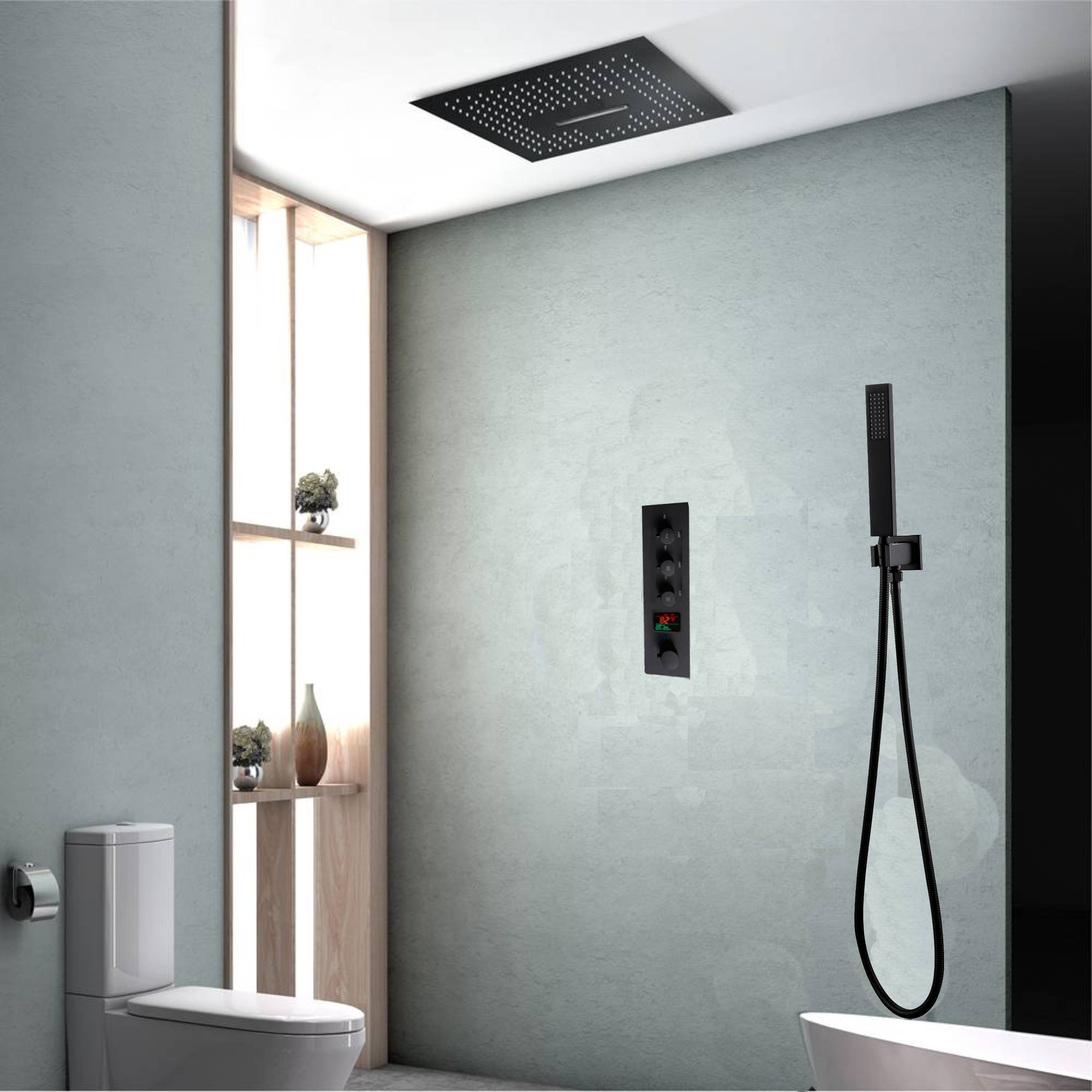 Wonderland America  16 Inch Flush Mount Matte Black Thermostatic Shower Faucet with 3-Way Controla 64 Color LED Lighting and Bluetooth Music and Digital Display