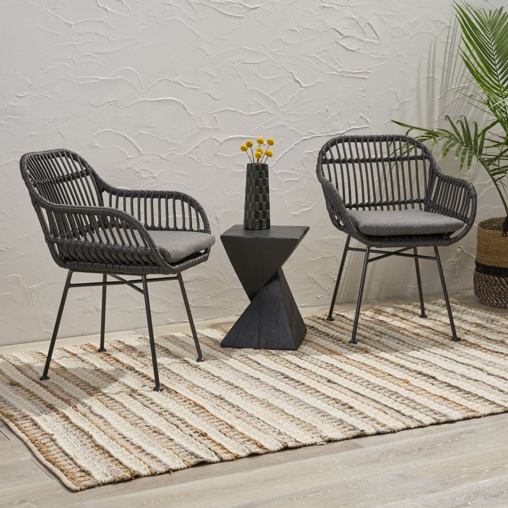 Coolbibila Modern Outdoor Gray Faux Rattan Woven Back Dining Chairs Set ...