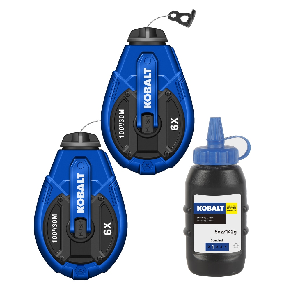 3 pc Chalk Line Reel Set - 100 Ft Line with 4 Ounce Blue Chalk and Pocket  Level 