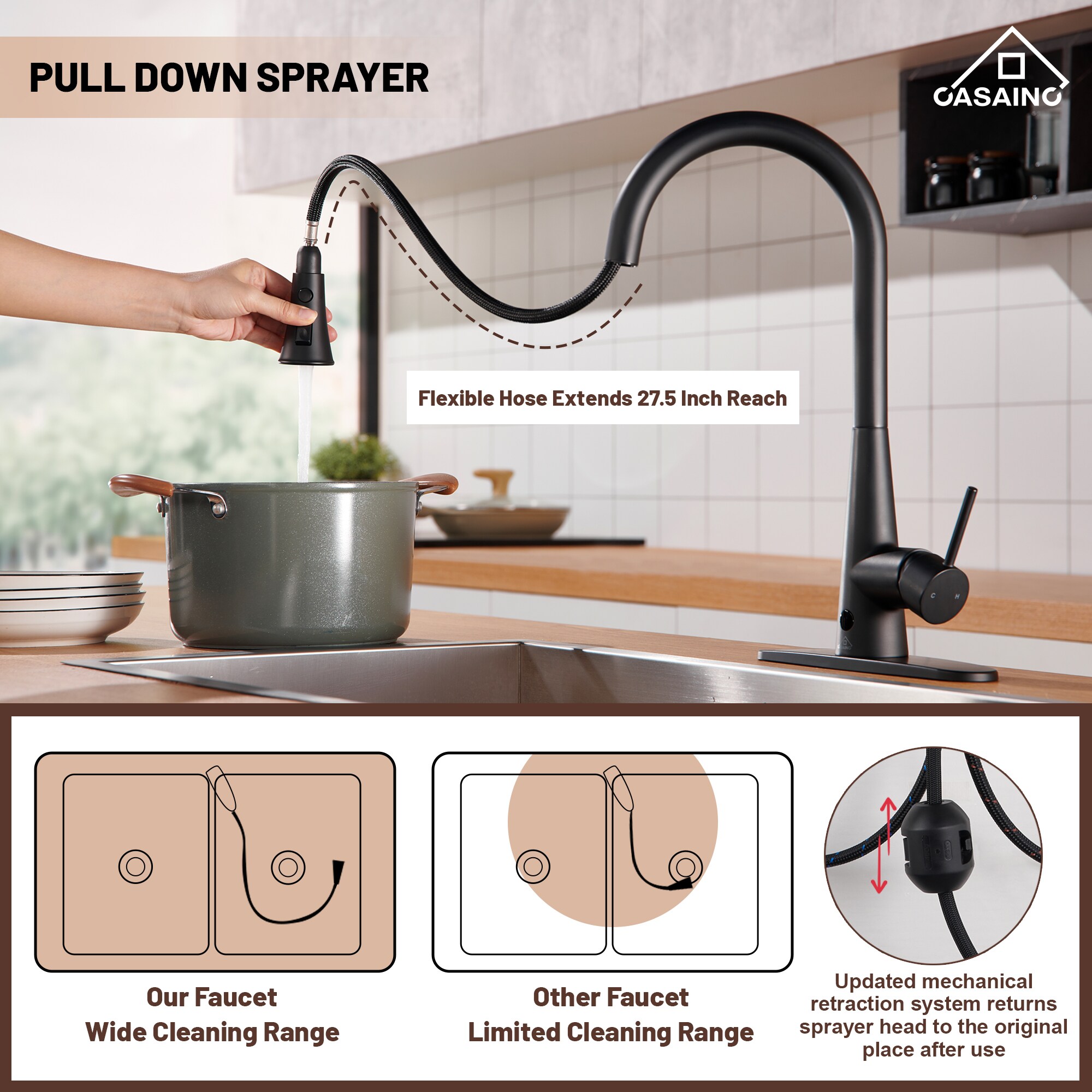 CASAINC Matte Black Single Handle Touchless Pull-down Kitchen Faucet ...