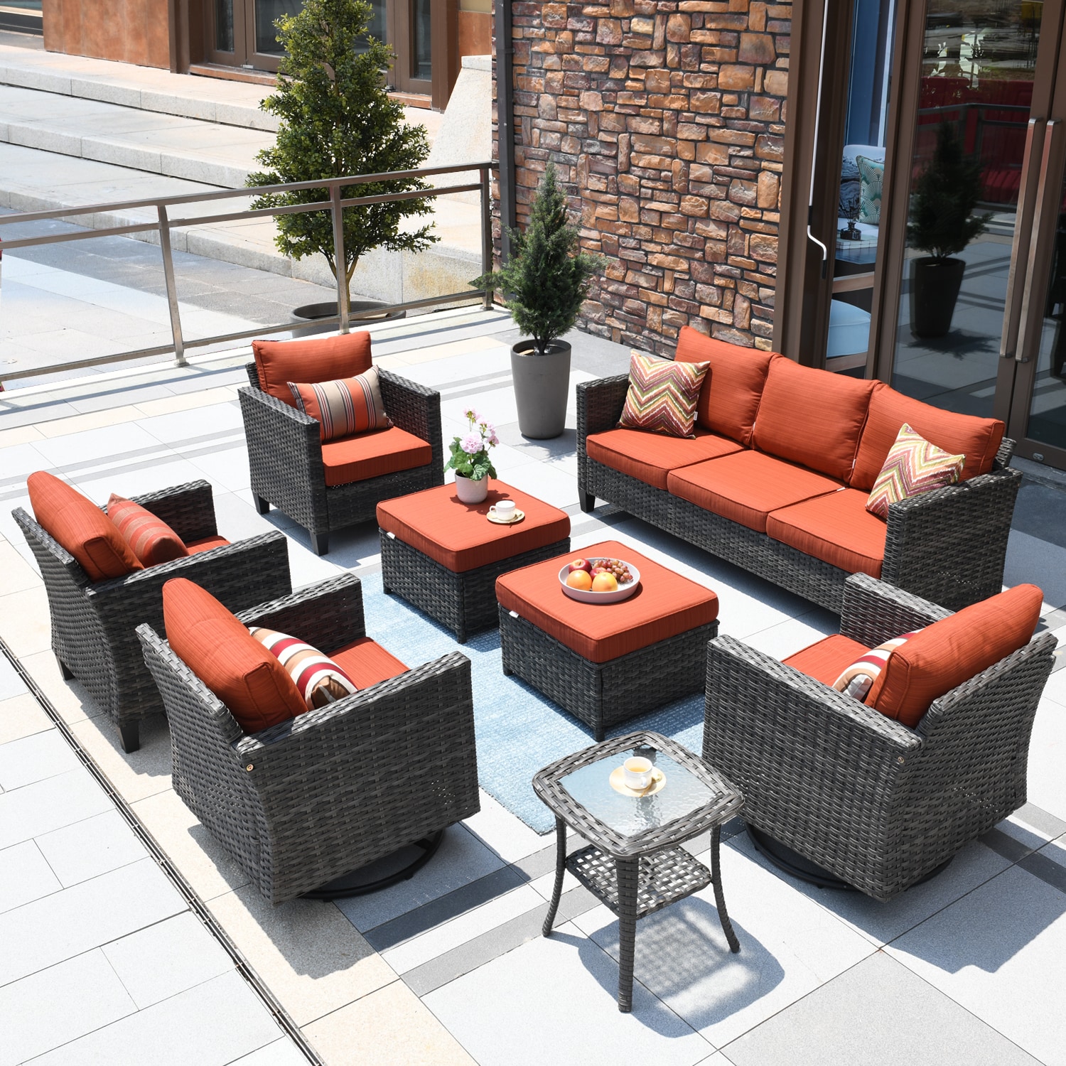 XIZZI XSQRC8184 Lullaby 8 -Piece Rattan Patio Sofa Conversation Set with Orange Cushions
