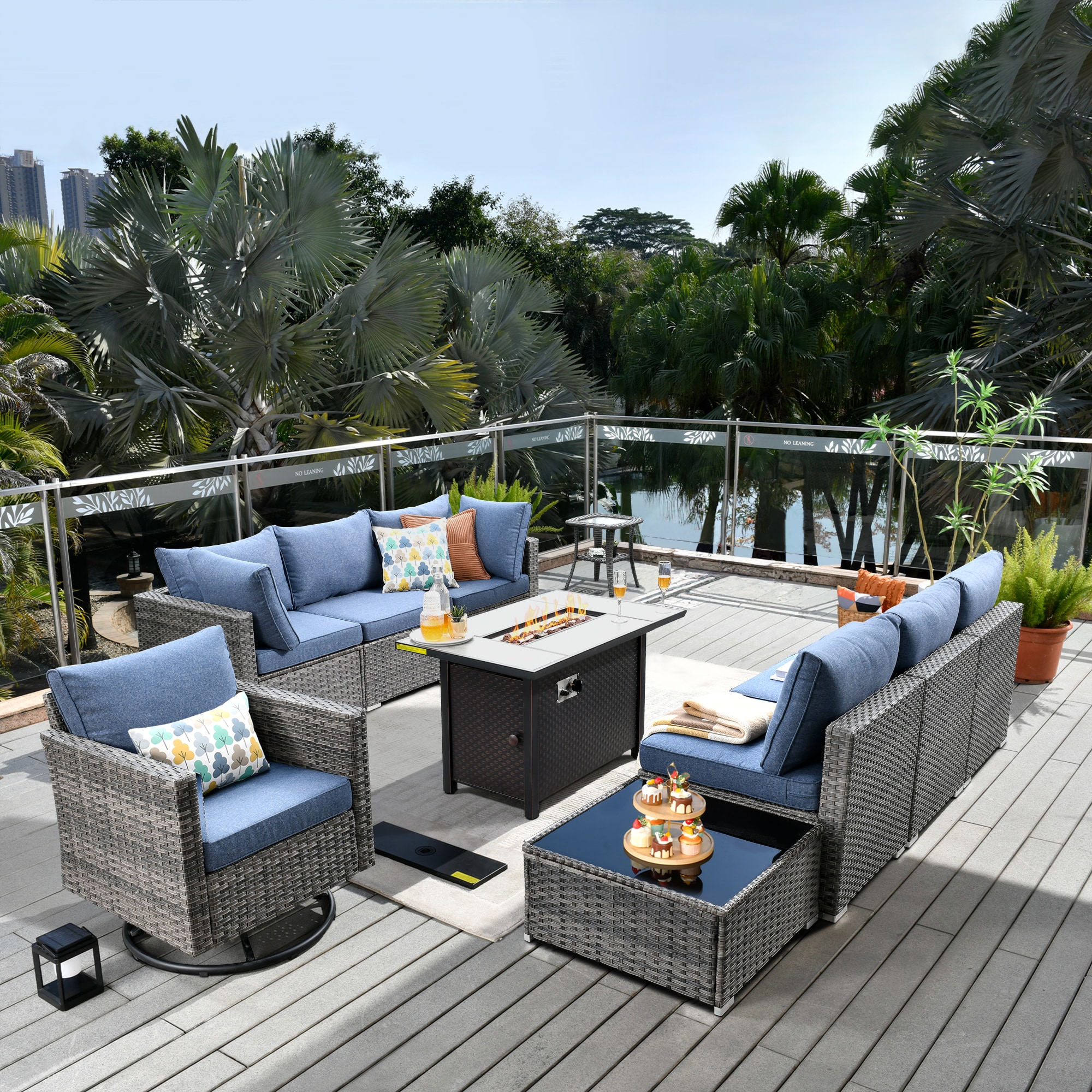 weaxty DCFP03RRS3010 Kuuga Rattan Outdoor Sectional with Blue Cushions and Steel Frame