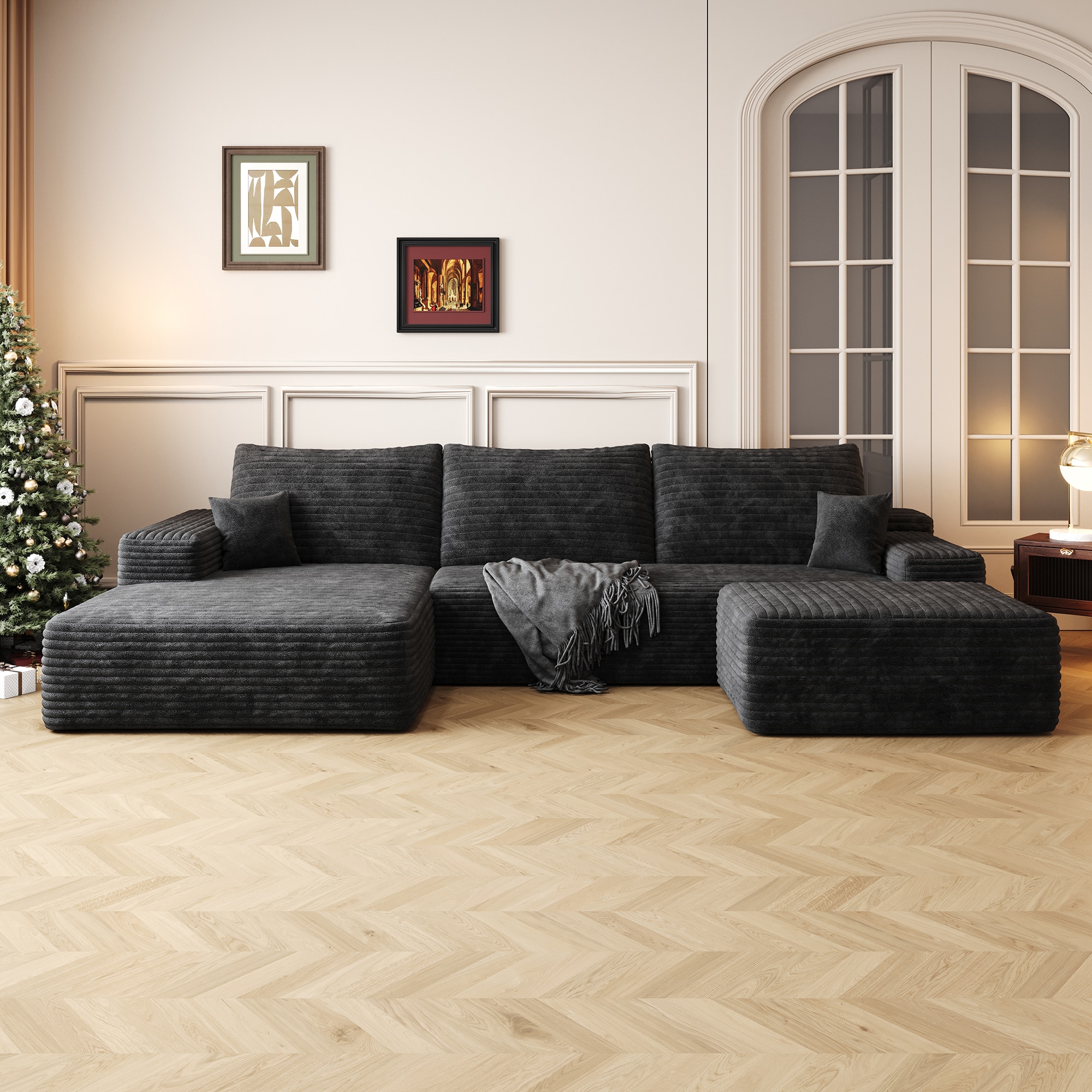 Wooakway 107in Plush Corduroy Ottoman  No Assembly Footrest Stool  Modern Cloud Sofa Ottoman for Living Room  Black
