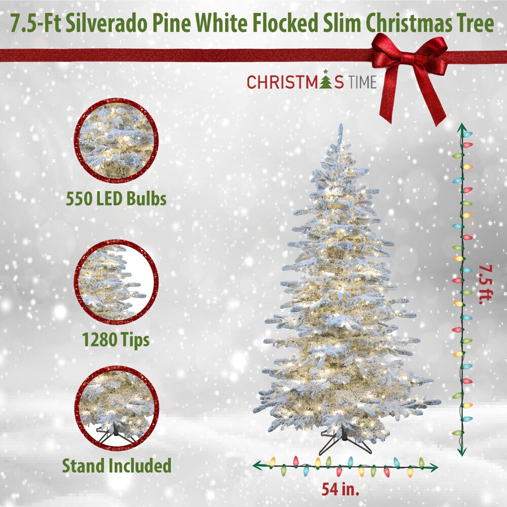Christmas Time 7.5-ft Silverado Pre-lit Slim Flocked Artificial Christmas  Tree with LED Lights in the Artificial Christmas Trees department at 
