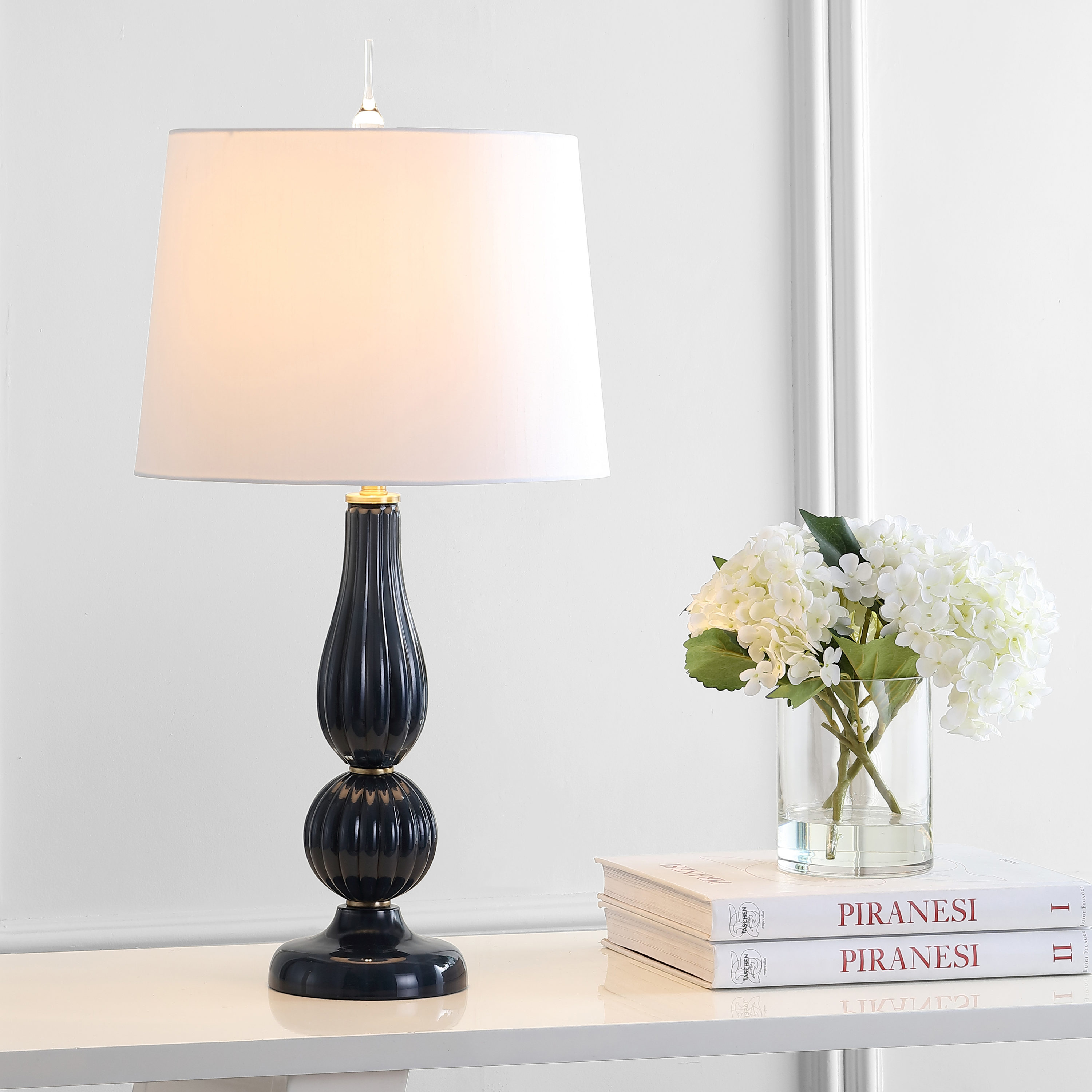 JONATHAN  Y JYL2072B Maddie Glass/Metal Contemporary 28-in Navy LED Incandescent Rotary socket Table Lamp with Faux Silk Shade