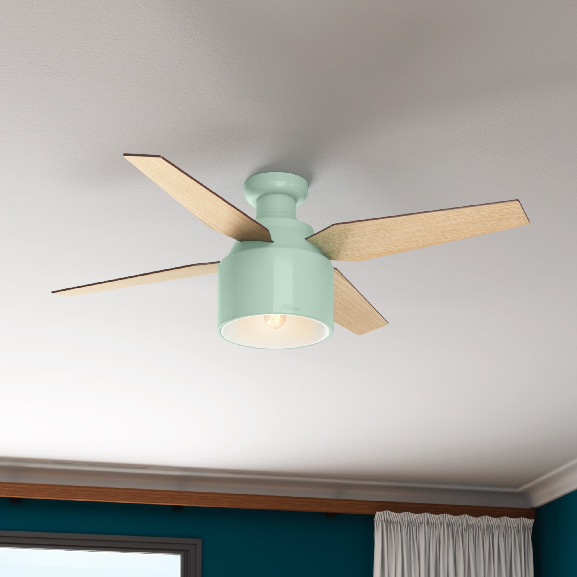 Hunter Cranbrook 52-in Mint Green LED Indoor Flush Mount Ceiling Fan with Light  Remote (4-Blade) in the Ceiling Fans department at