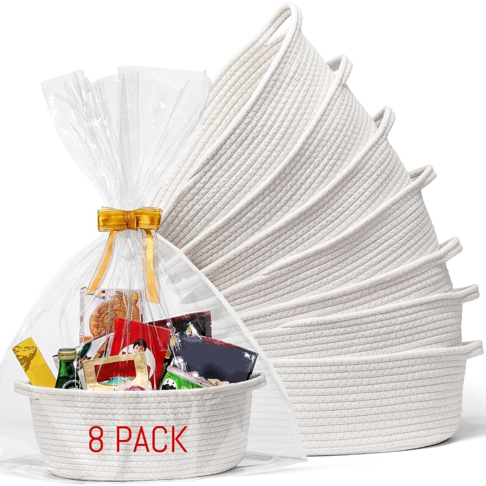 Baginizer Small Woven Baskets with Gift Bags and Ribbons 8 Pack 12x8x5 Inch Cotton Rope Decorative Storage with Handles for Nursery Baby Gift White #BAGINIZER000111