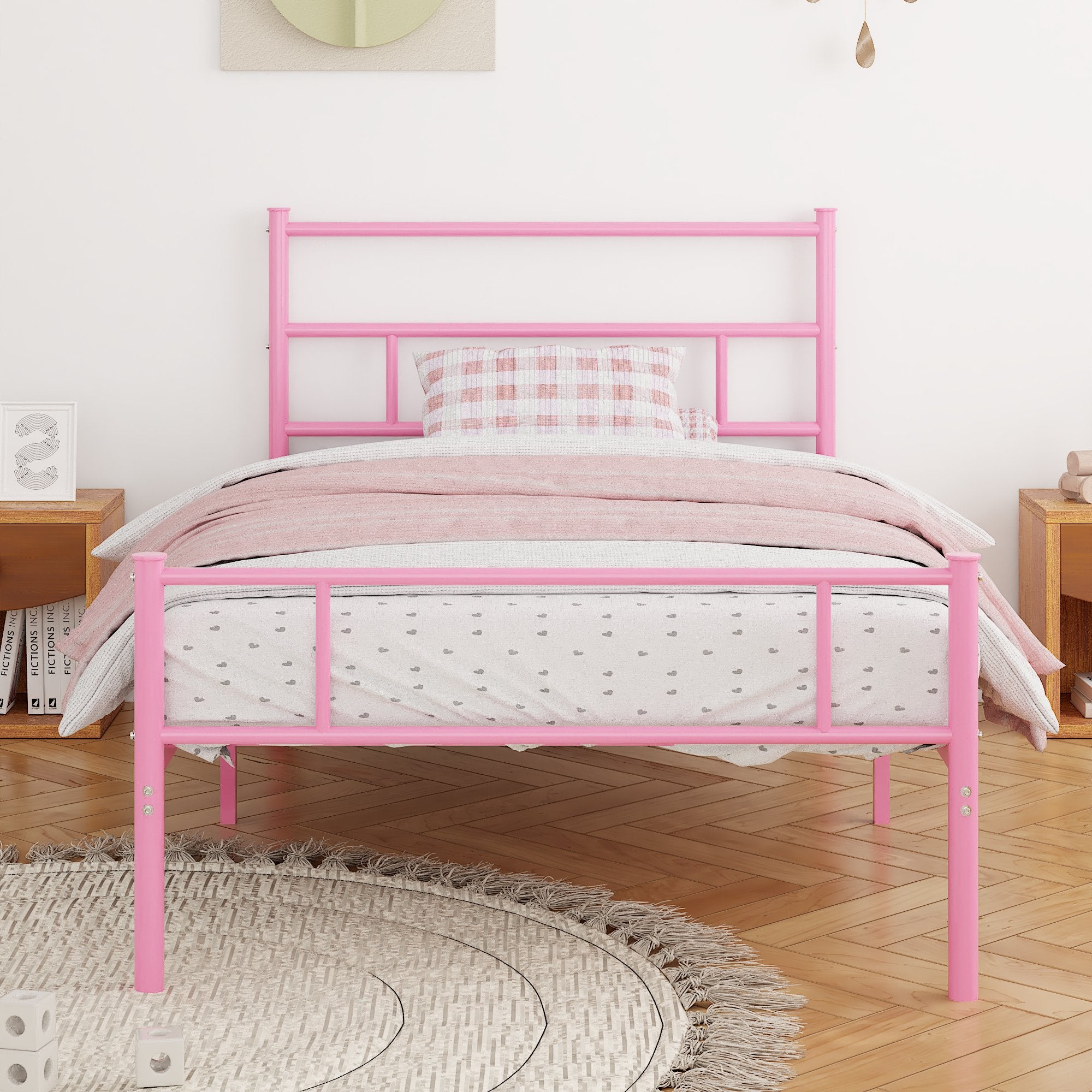Vecelo LOE-LT-T03-PNK Twin Platform Bed Frame with Headboard and Footboard No Box Spring Needed Pink