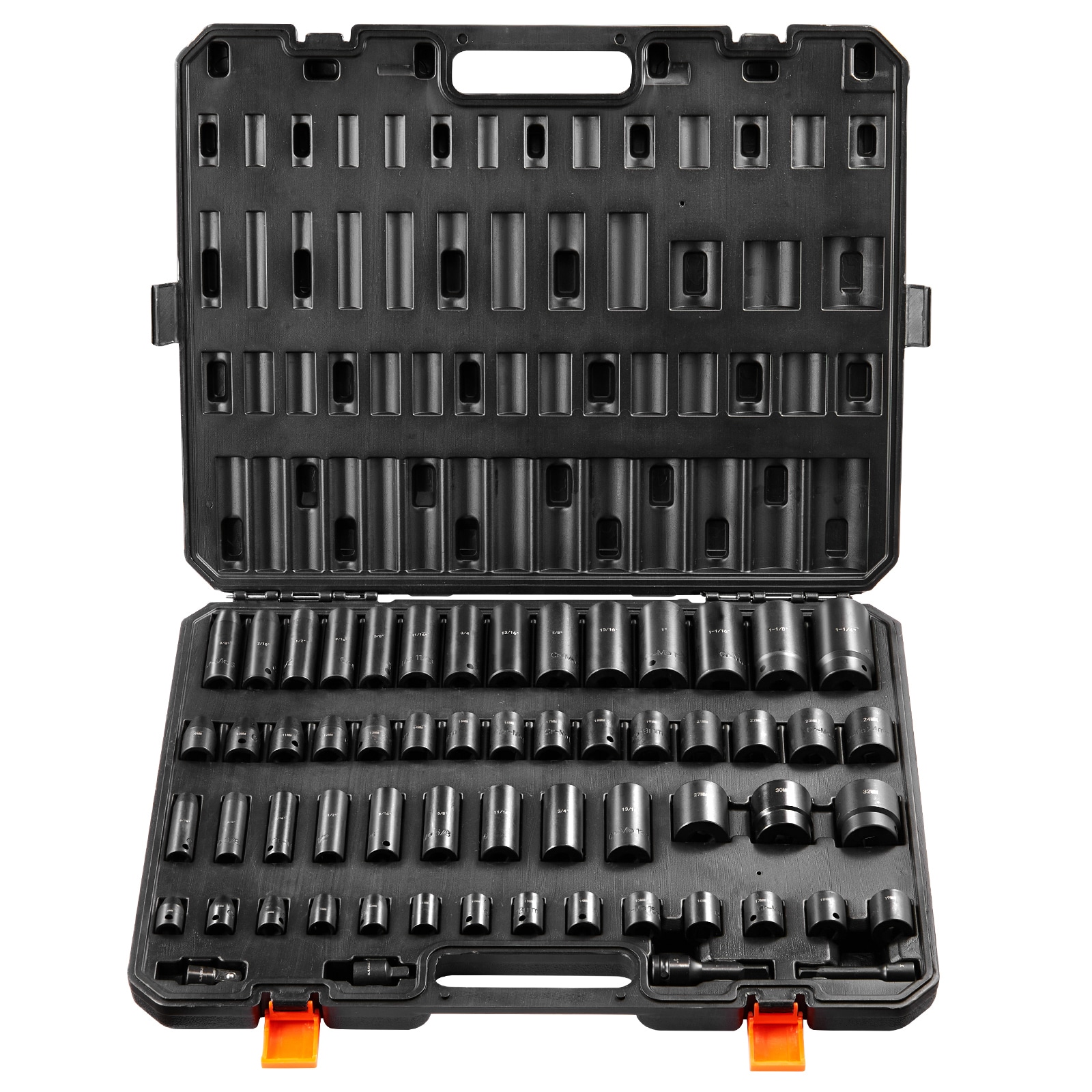 VEVOR 3/8-IN and 1/2-IN Drive Impact Socket Set 59PCS Socket Set SAE 5/16-IN to 1-1/4-IN and Metric 6-32mm 6 Point Cr-Mo Alloy Steel for Auto Repair Easy-to-Read Markings Rugged Construction Storage Case #SCCJTTZJ1CRM06168V0