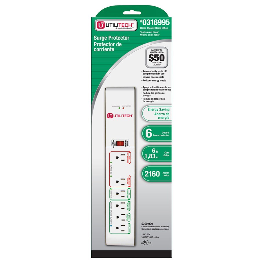 Utilitech UTES5006 6-Outlet 2160 Joules Surge Protector