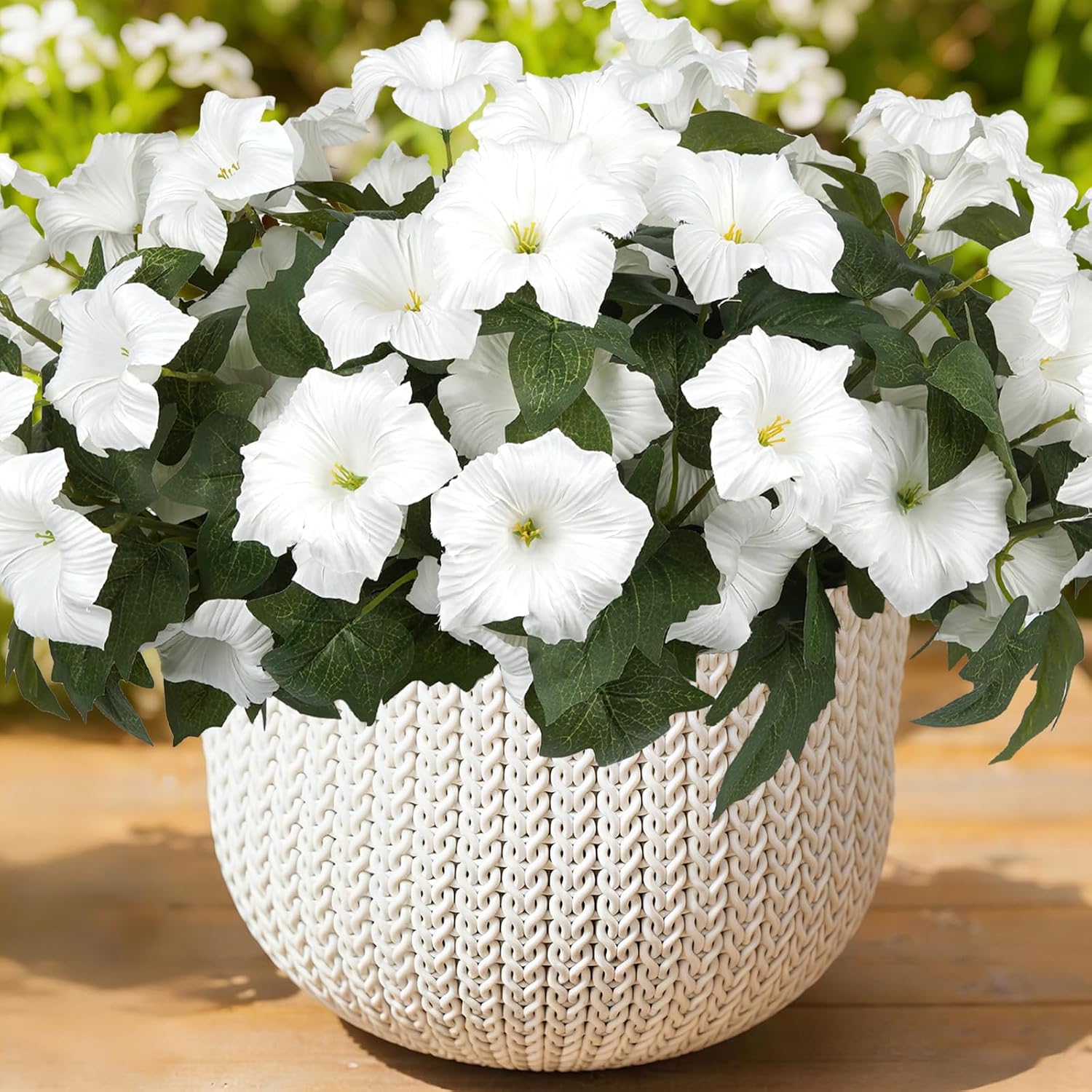 Shareconn Outdoor Artificial Petunia Flowers UV Resistant Faux Silk Blooms for Planters Porch Patio and Yard 6 Bundles White