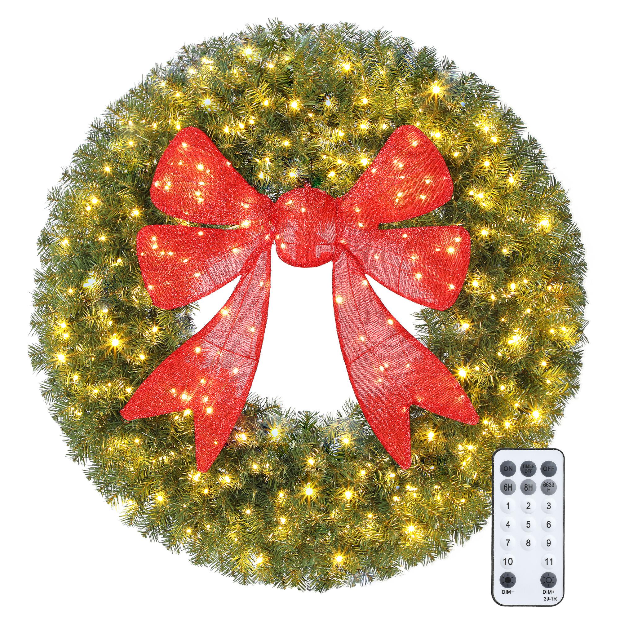 HomCom  36in Pre Lit Artificial Christmas Wreath with 3D Red Bow 11 Lighting Modes Front Door Christmas Wreath with Remote 140 LED Lights 300 Tips for Indoor Outdoor Holiday Decoration