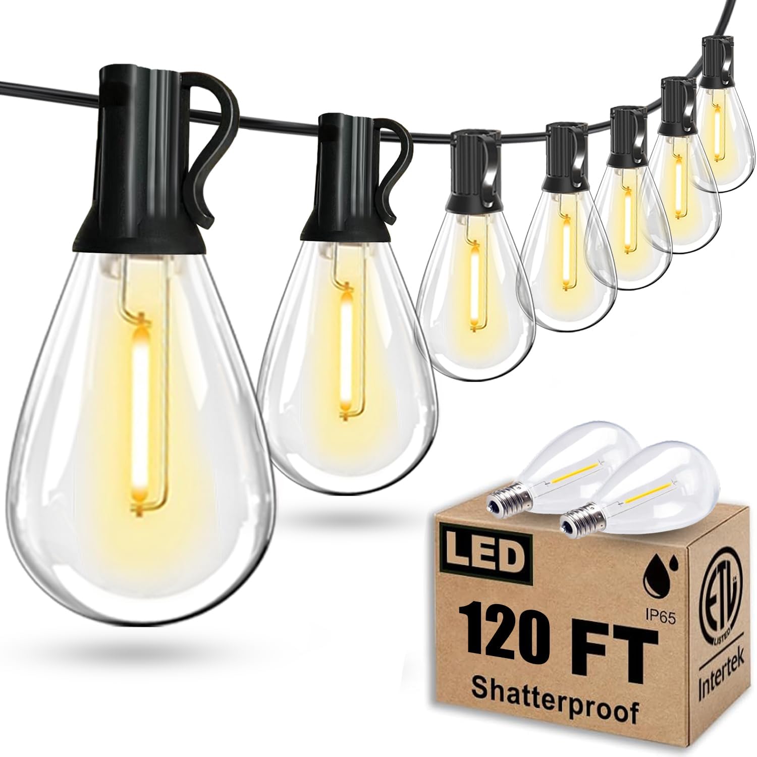 Etokfoks  120 ft outdoor string lights with 30 plus 2 Edison shatterproof LED bulbs waterproof cord for patio porch deck garden backyard