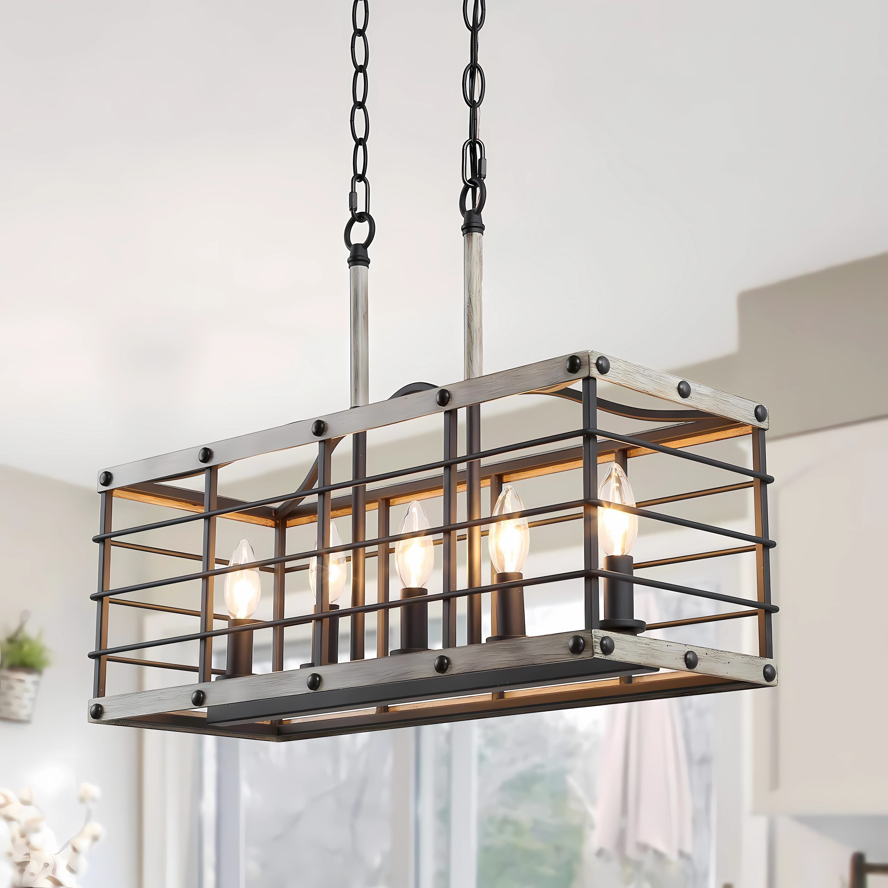 LNC BFMEFZLWS13552Q6 Livia 5 -Light Brushed Black and Gray Wood Farmhouse Lantern Large Hanging Kitchen island light