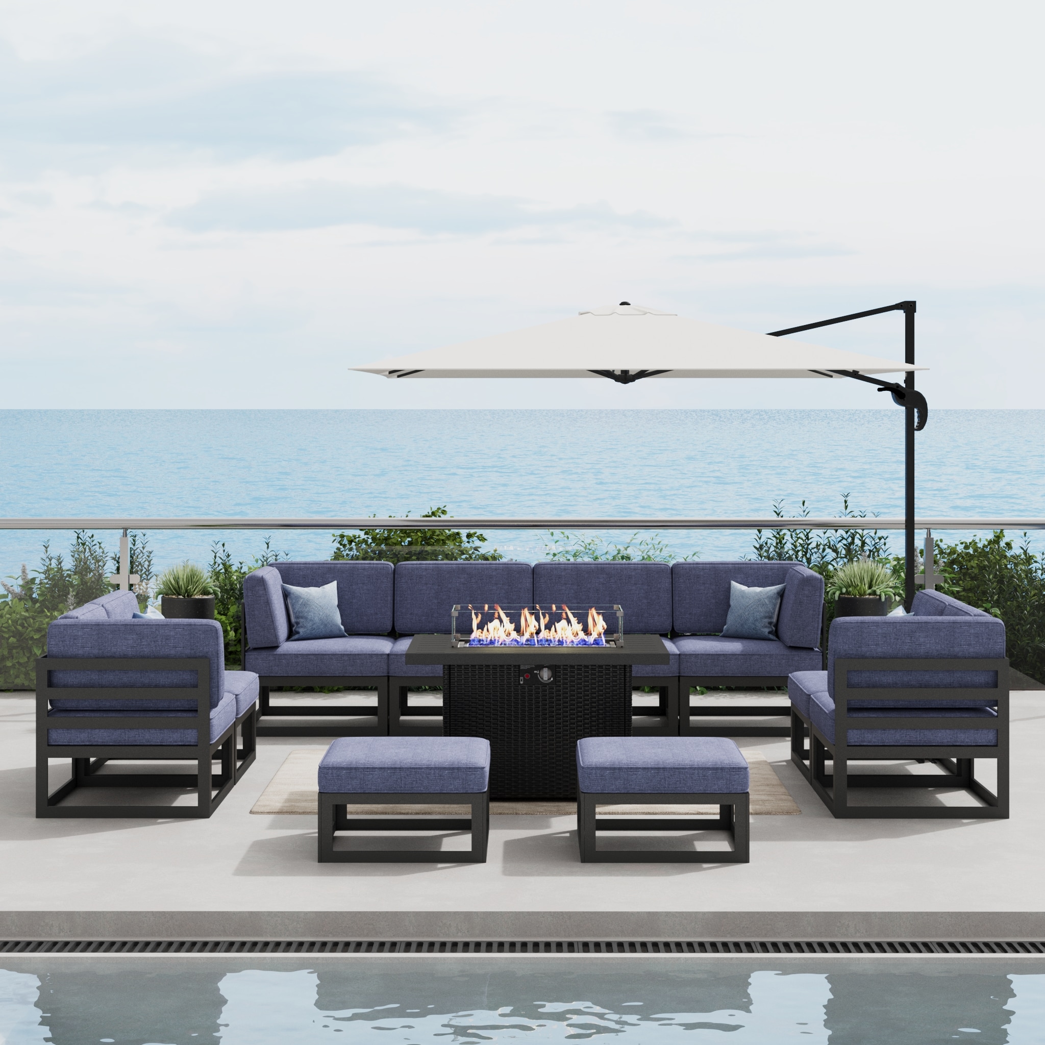 LayinSun WL8001-FP2-N11 11 -Piece Large Outdoor Modular L Sectional Set with Propane Fire Pit Table