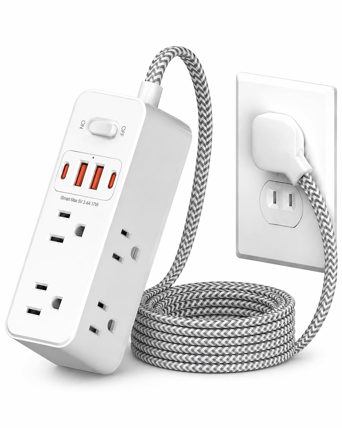 AOIZGMY  2 Prong to 3 Prong Power Strip Adapter with 6 AC Outlets 2 USB C 2 USB A Ports 1400J Surge Protector 5ft Extension Cord Flat Plug Wall