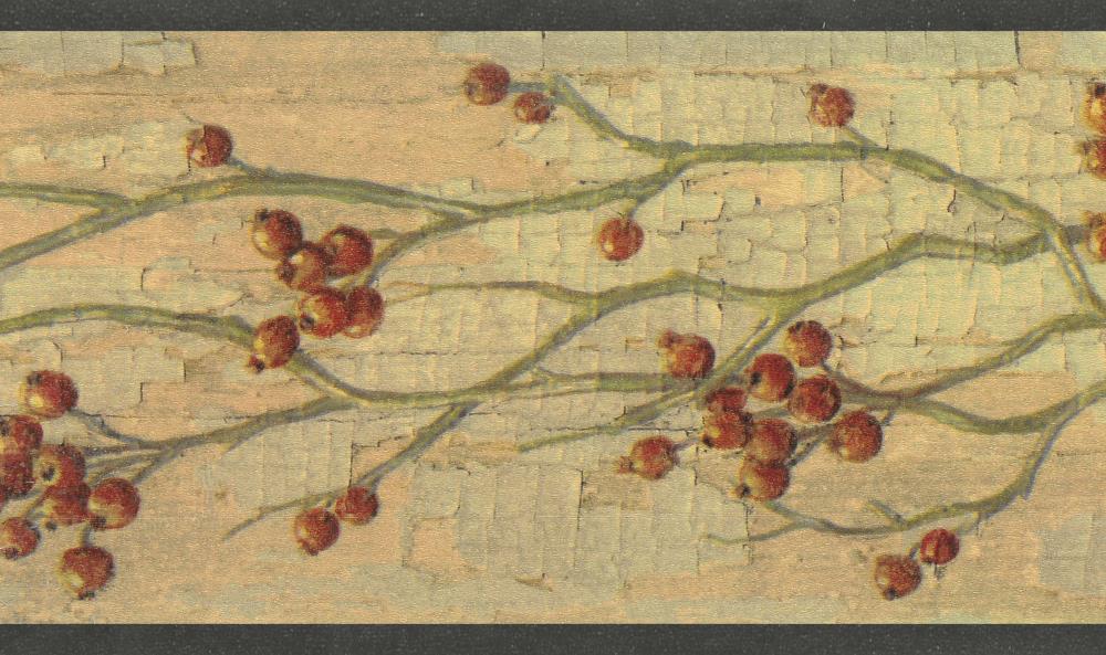 Dundee Deco BD6246 4.5-in Floral Beige, Maroon Distressed Berries On Vine Prepasted Wallpaper Border