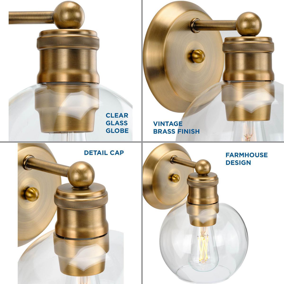 Hansford Vintage Brass Clear Globe Glass Bath Vanity Light