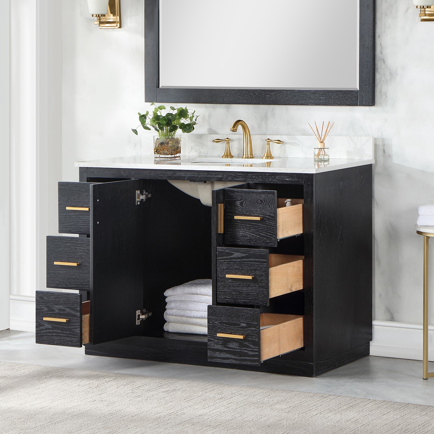Gazsi 48" Black Oak Vanity with White Stone Top