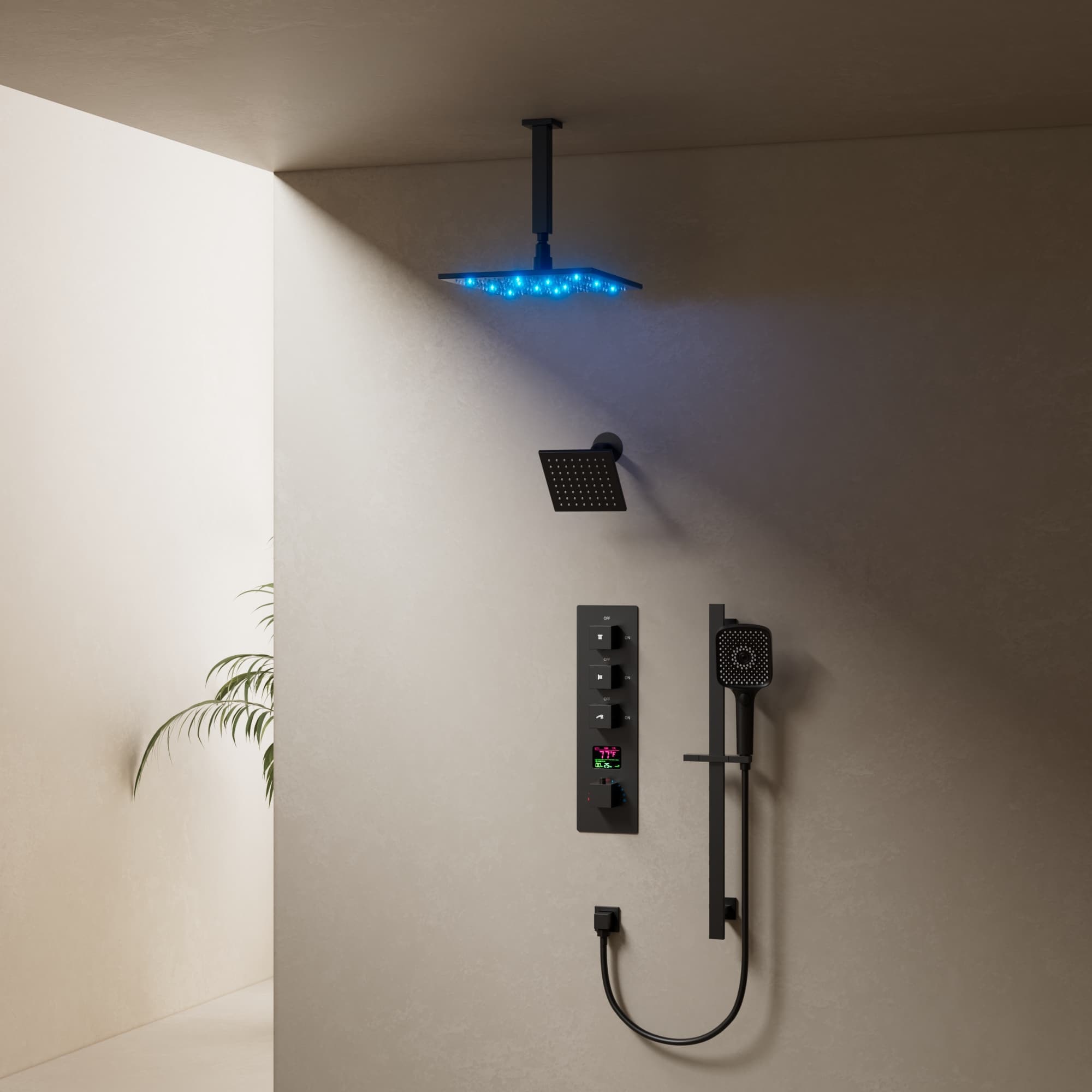 EVERSTEIN SFS-1071-BK12 Thermostatic Digital Dual Shower System Set with 12-in LED Rainfall Shower Head and 4-Function Hand Shower in Black