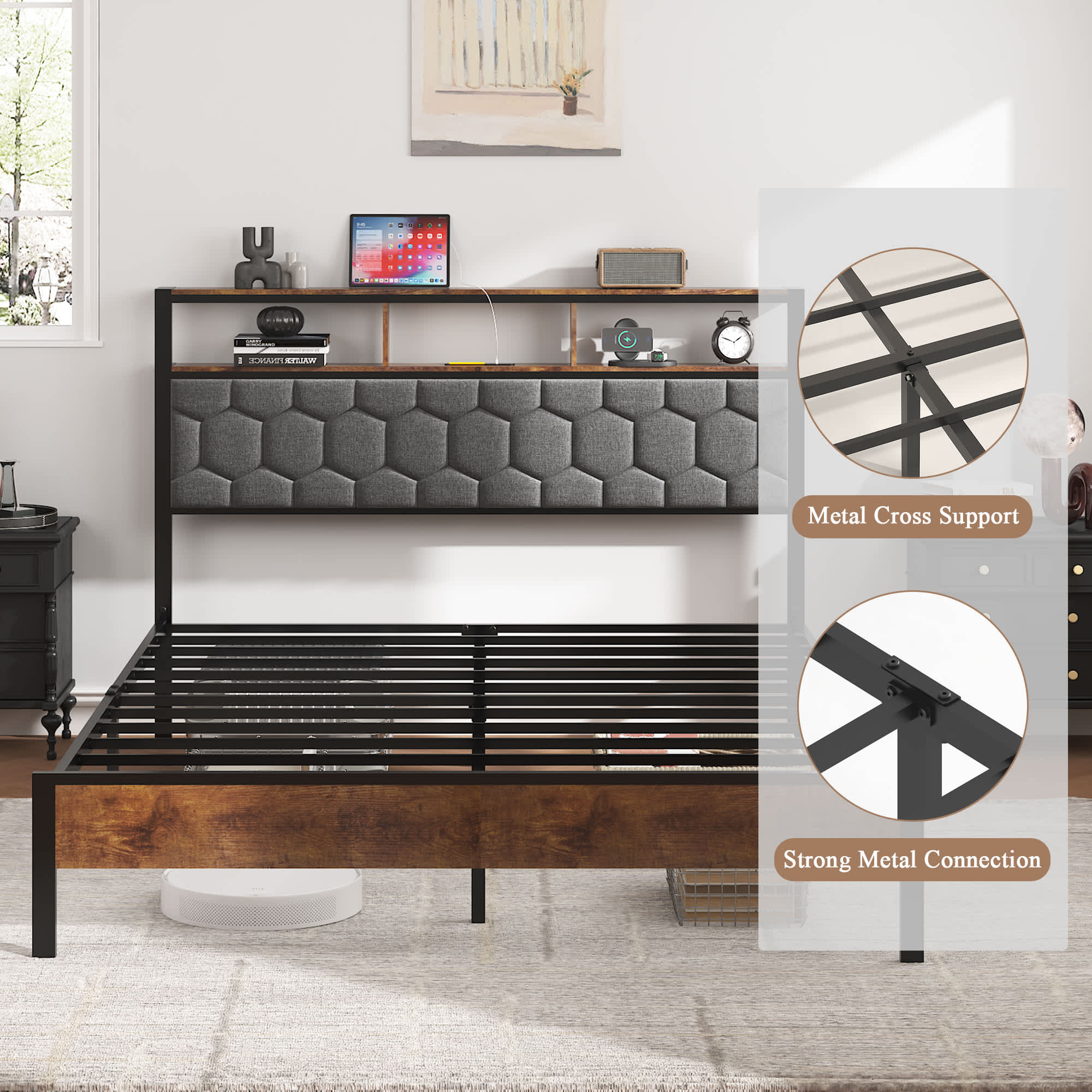 Vynxaria Full Size Wooden Platform Bed Frame Brown Upholstered ...