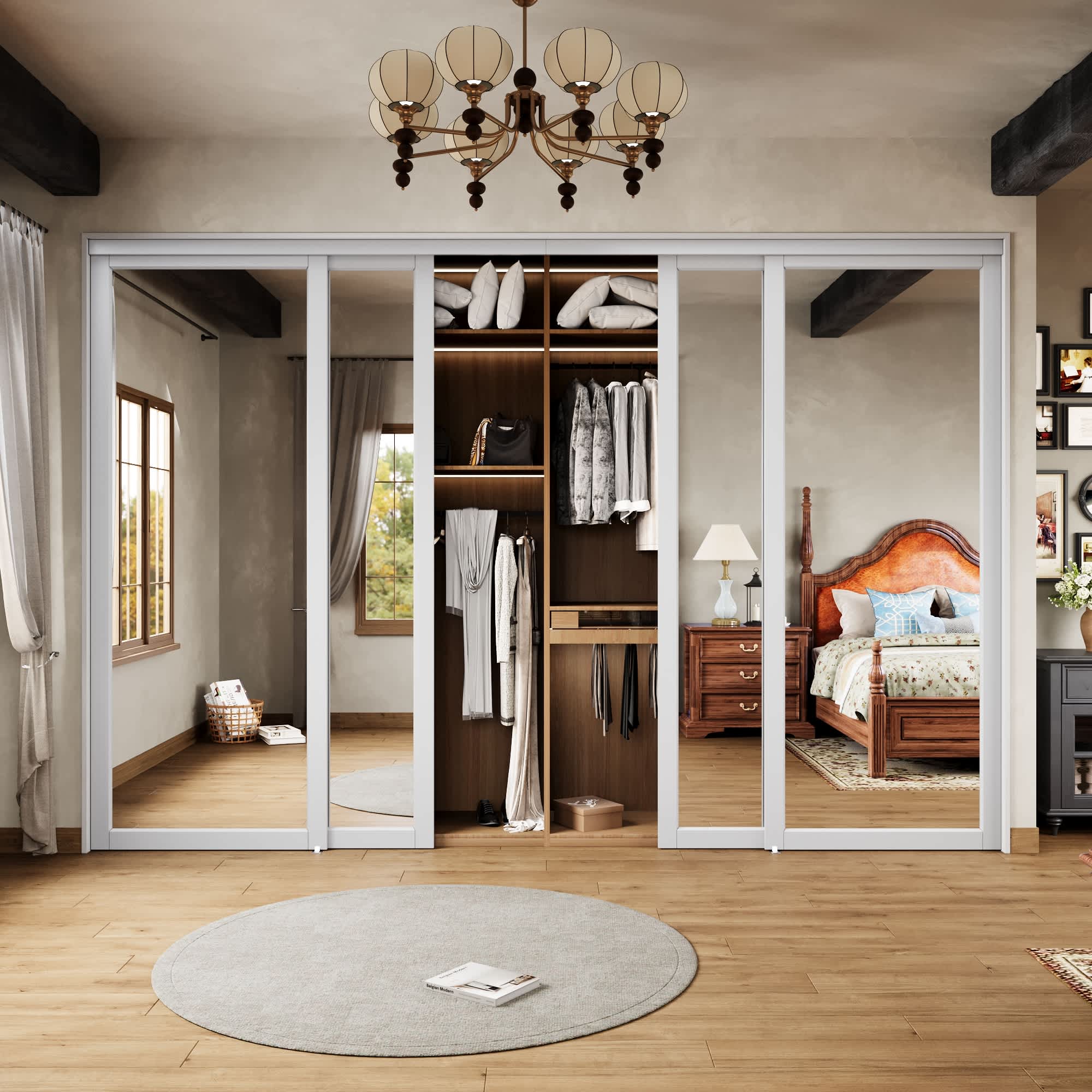 Ark Design Closet Sliding Door Solid MDF Core 1 Lite Mirrow White Pre-Finished Composite with Hardware Kit 144-in x 96-in White