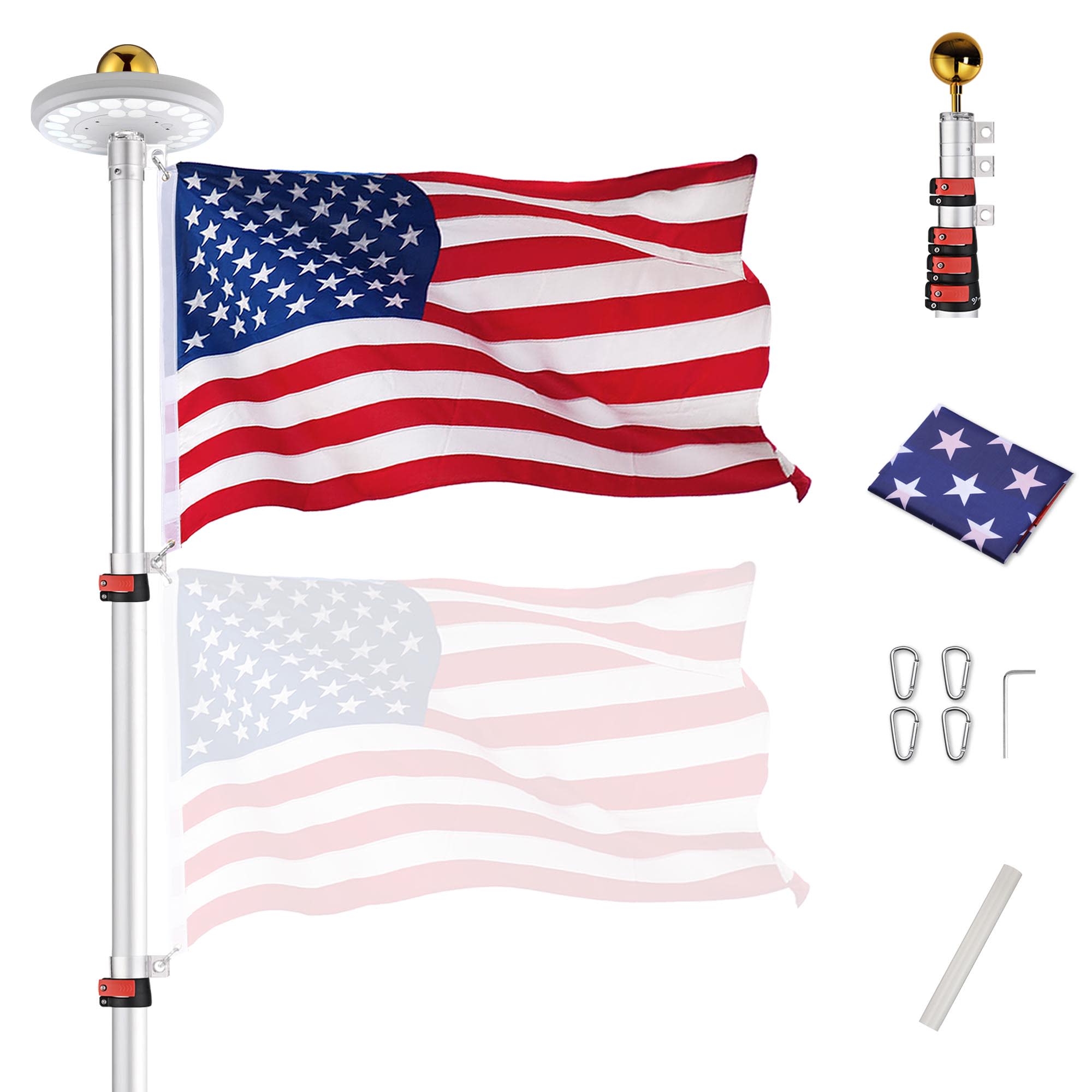 Yescom 22FLPSET039-25-11-LO EZ GO 25 Ft Telescopic Flag Pole Kit with 26 LED Solar Light US Flag Gold Ball