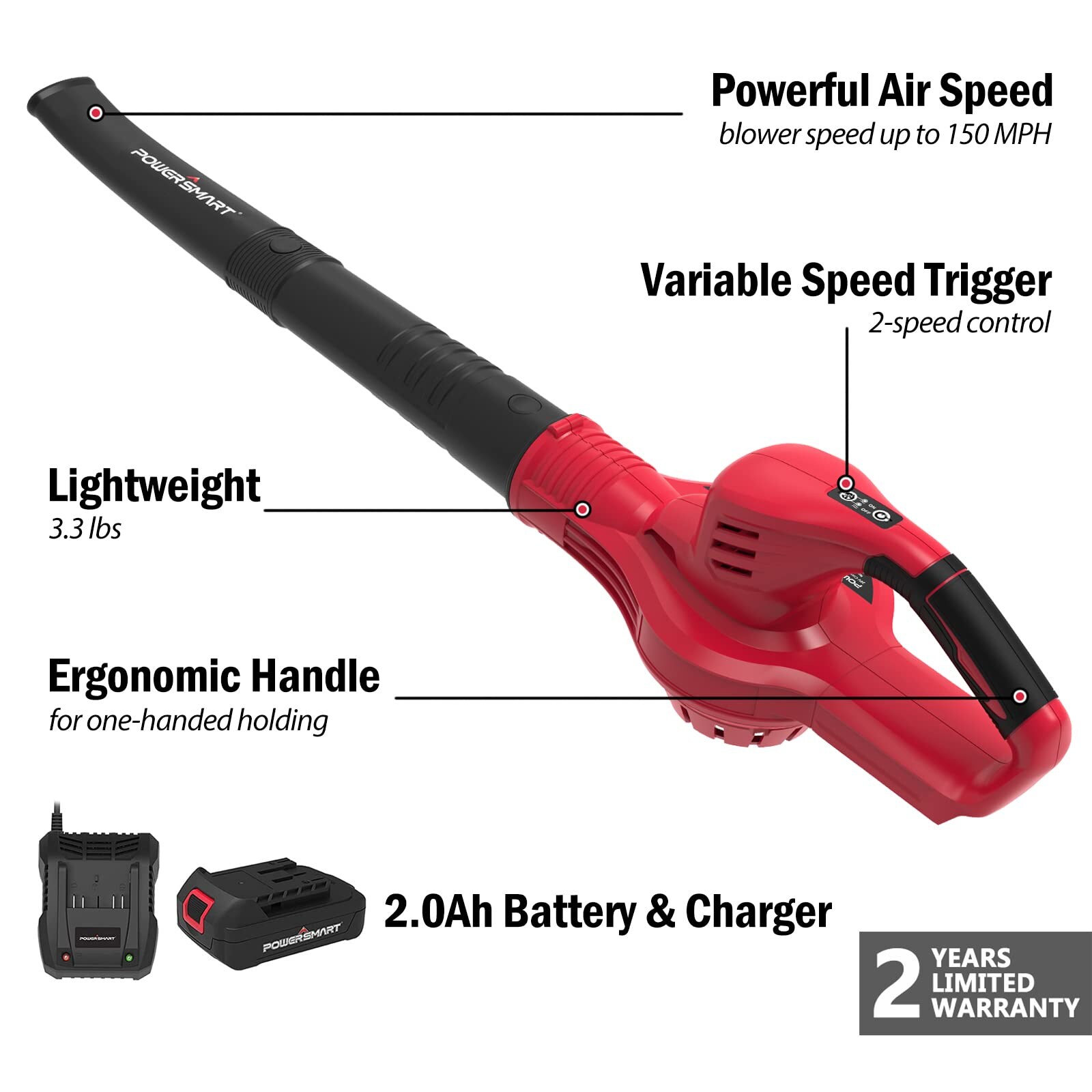 Powersmart 40V Cordless Handheld Turbo Blower with 4.0Ah Battery and Charger Ps76220a