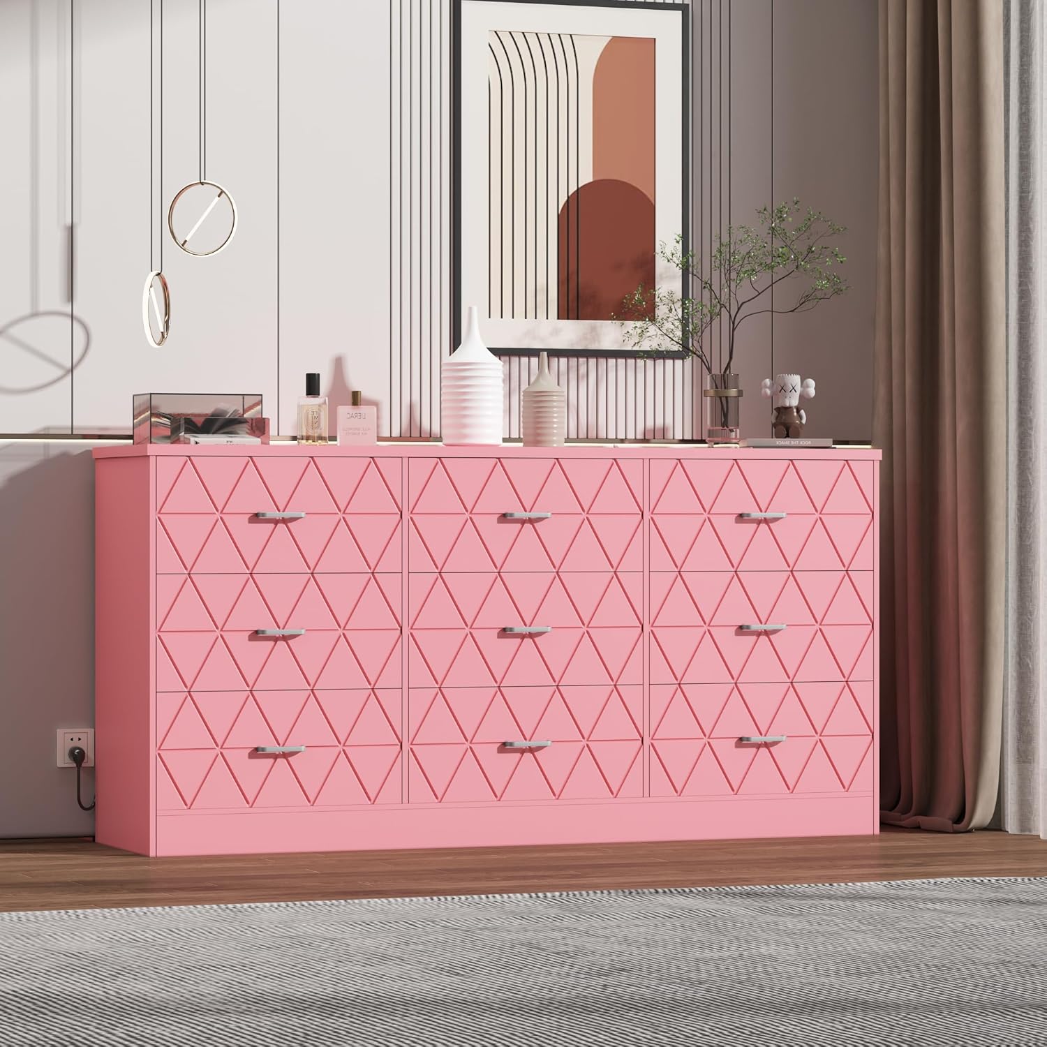 Der Rose ML-PHK-33GBRLTJ 9 Drawer Dresser with Power Outlets Modern Wooden Chest for Bedroom Closet Living Room Hallway Storage Organizer White Durable Scratch Resistant MDF Easy Assembly Pink