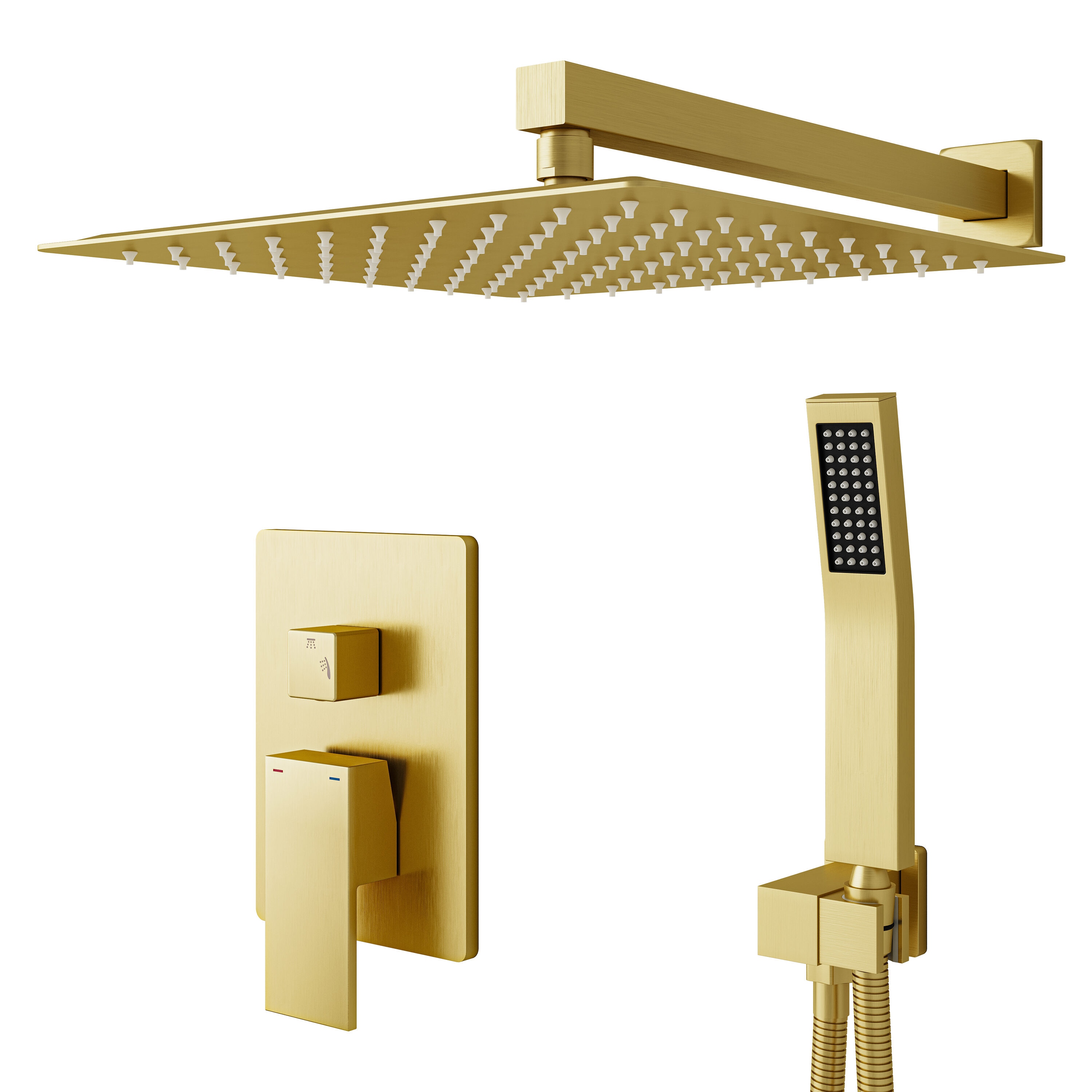 WELLFOR DTG-803S12BG DT 12-in Rain Waterfall Wall Mounted Shower System Brushed Gold 1-handle Multi-head 12-in Square Shower Faucet with Valve