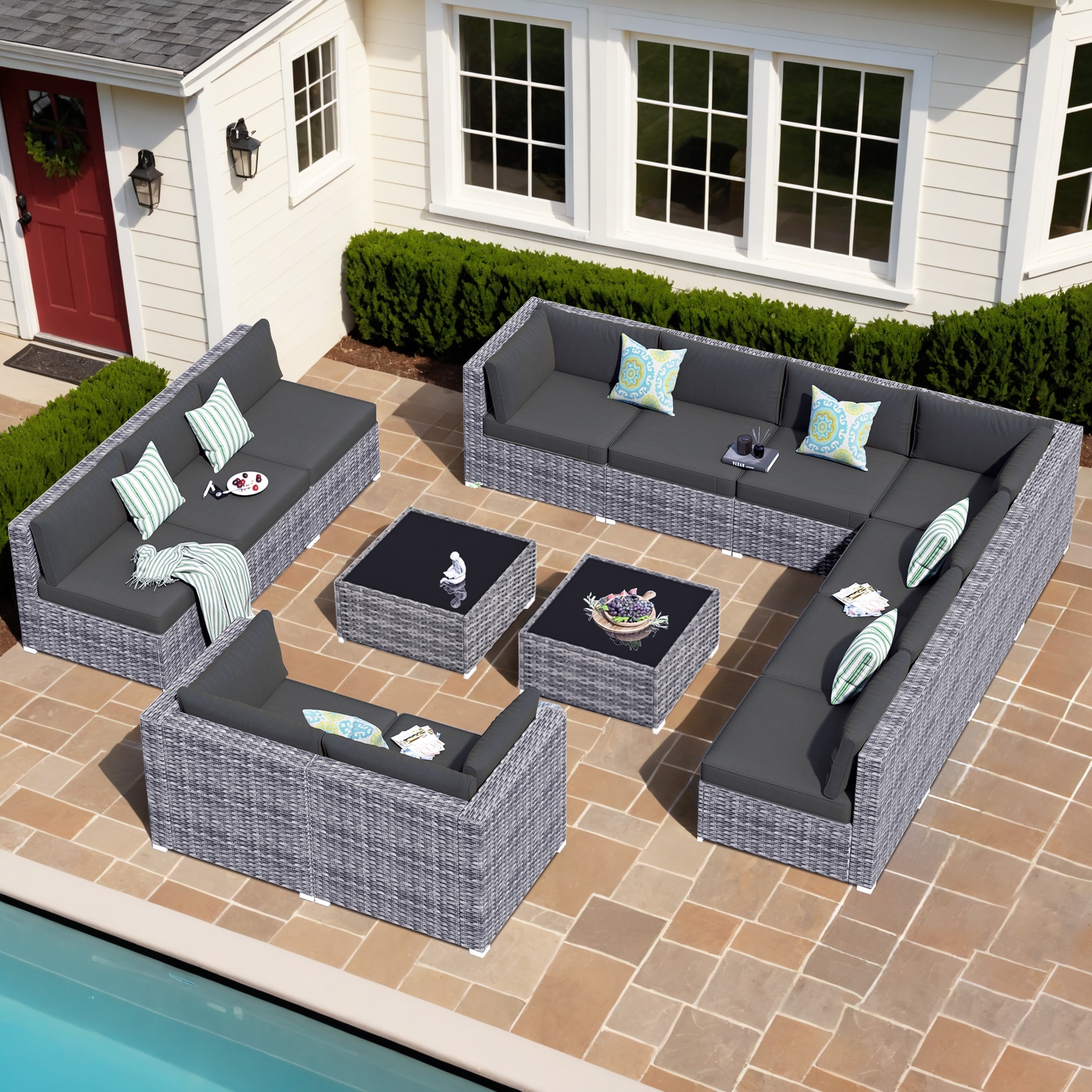 Pouuin SHOP1014 14 -Piece Wicker 2 Patio Sofa Conversation Set with Black Cushions