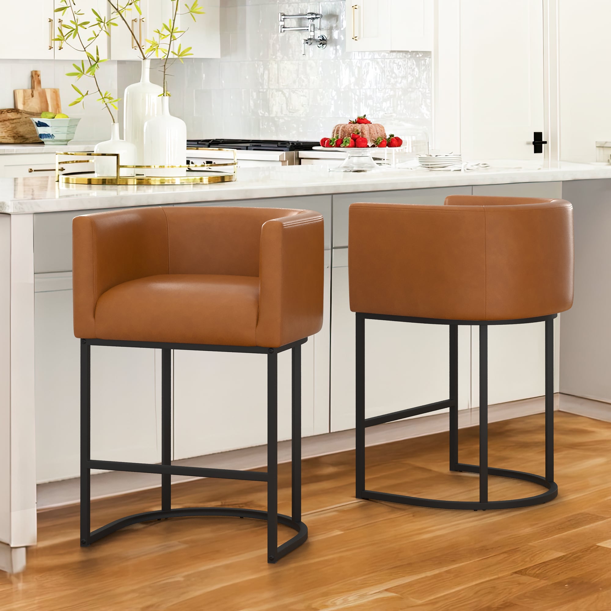 Bar Stools Set of 2 Tan Leather Back Counter Height Pub Chairs 2024 Metal Padded