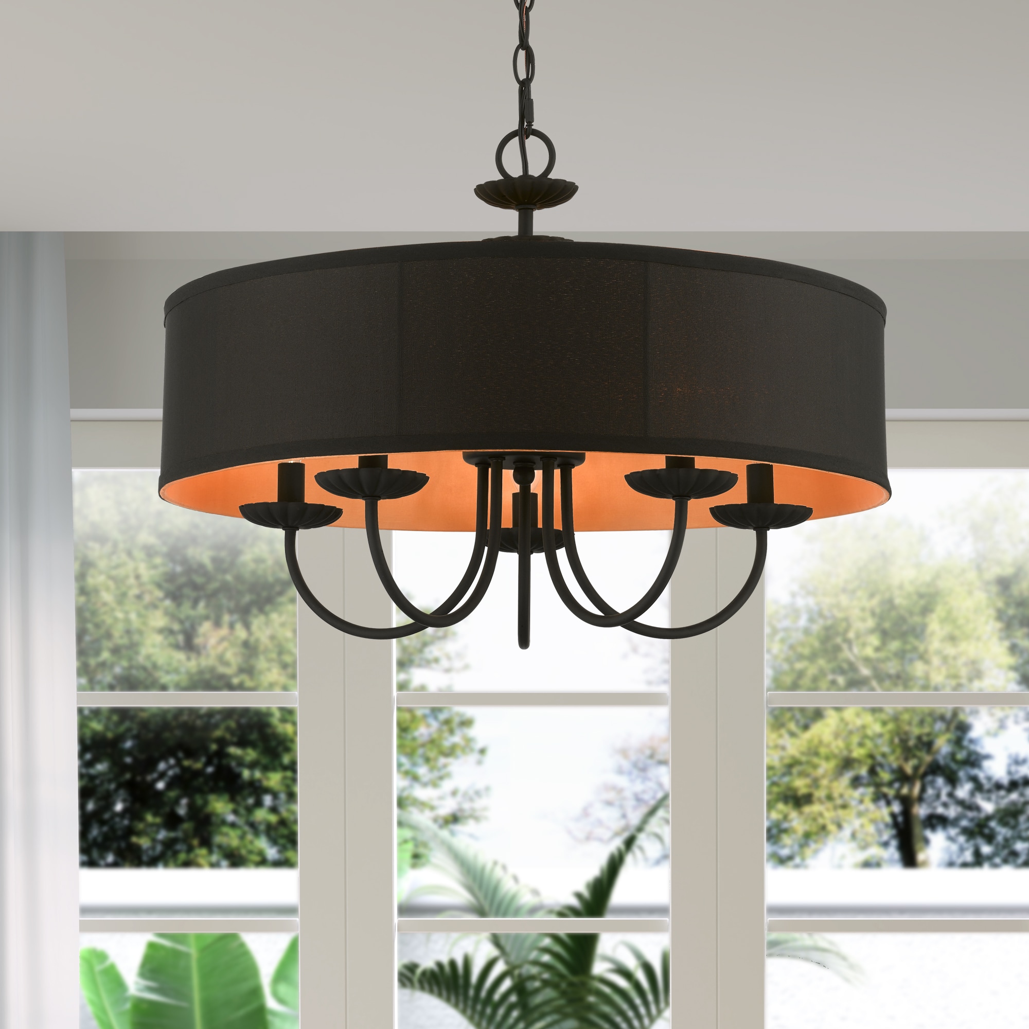 Winchester Transitional 5-Light Black Drum Pendant Chandelier with Silky Orange Inner Shade