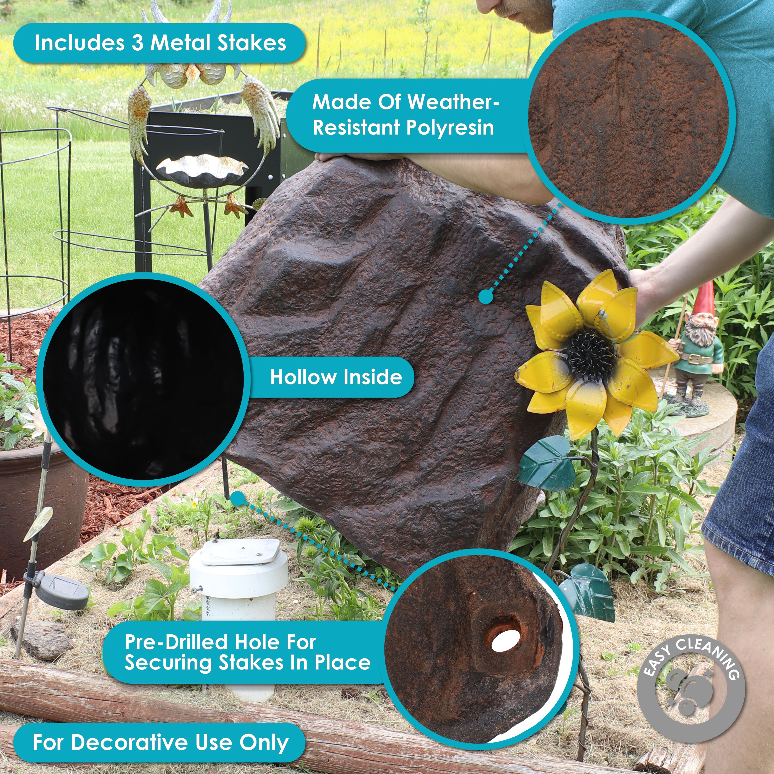 Brown Polyresin Faux Landscape Rock Cover with Metal Stakes