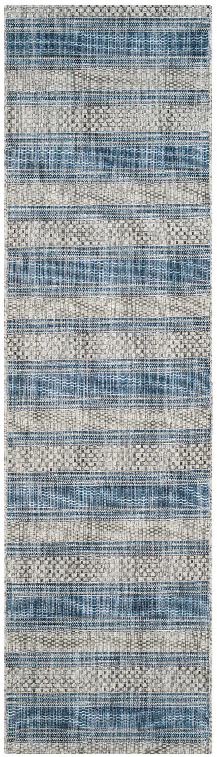 Gray and Navy Striped Synthetic Indoor/Outdoor Runner Rug, 2'3" x 12'