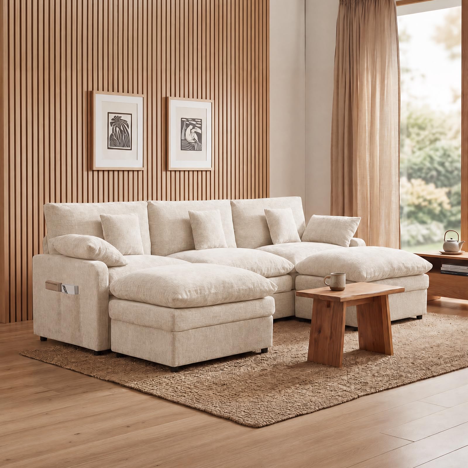GarveeLife 107.87-in Modular Chenille Sectional Sofa Convertible Couch with 2 Free Movable Ottomans Beige