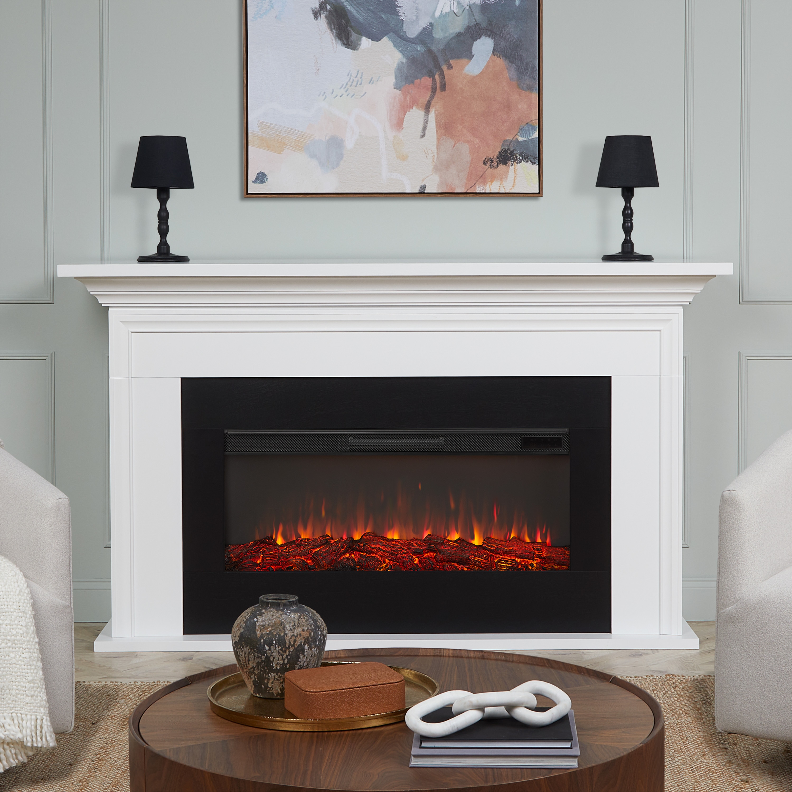 Real Flame 13065E-W 75.75-Inches W White TV Stand with Infrared quartz Flat wall Electric Fireplace with Remote Control Included