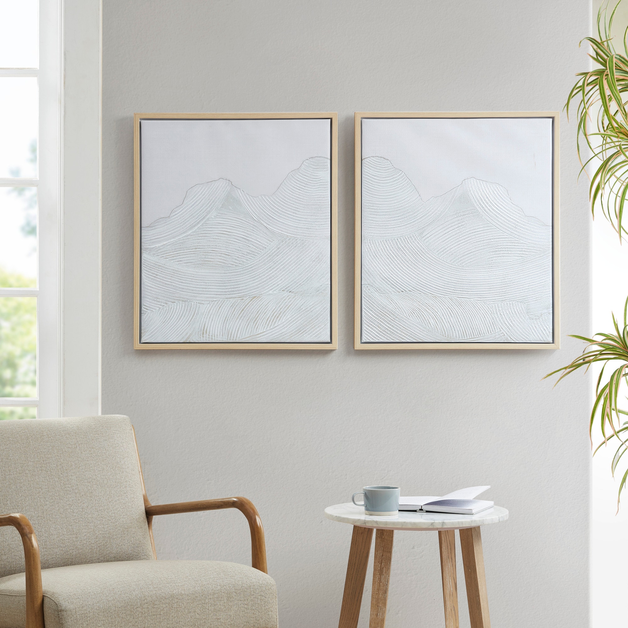 Ivory Hand Embellished Abstract Canvas Wall Art Set with Natural Wood Frame