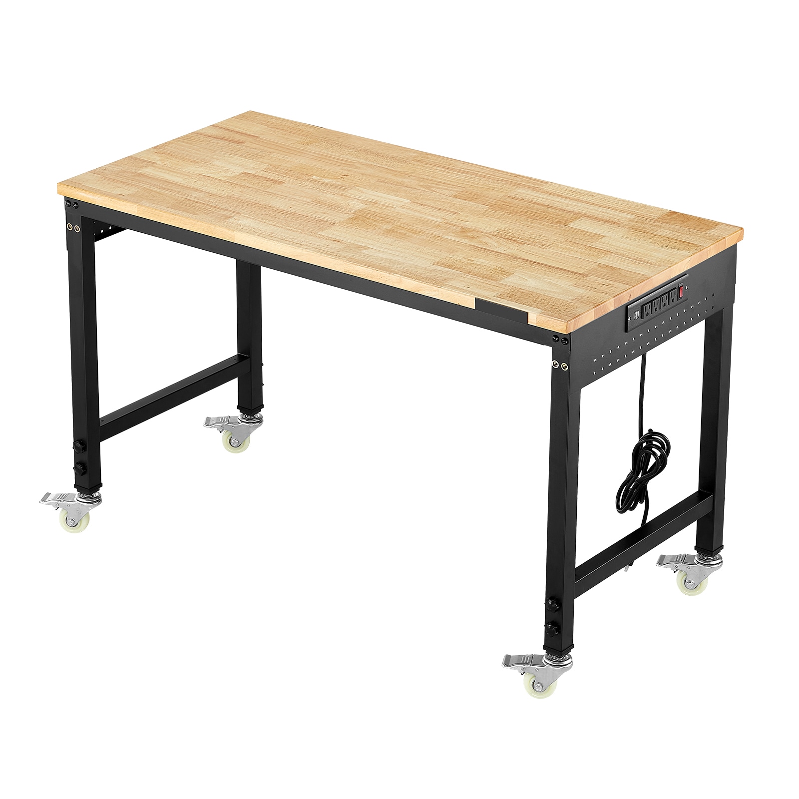 VEVOR 48-Inch Adjustable Workbench 2000 lbs Load Work Bench with Power Outlet Wheels and Pegboard Heavy Duty Oak Wood Top Work Table for Garage Workshop Office and Home
