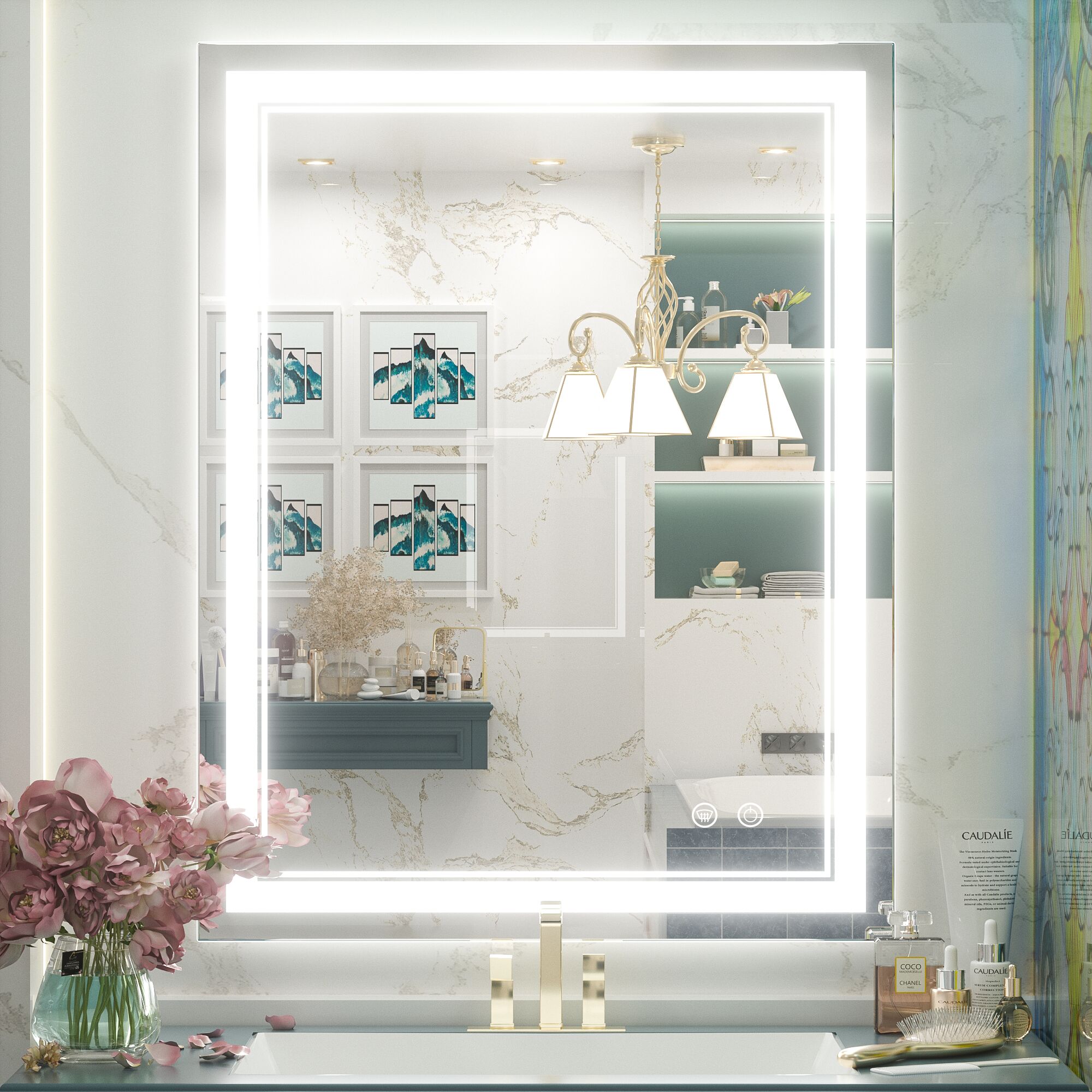 Keonjinn LW-JZ-ZGSSW-7691 30-in x 36-in Polished Frameless Rectangle Dimmable LED Lighted Fog Free Bathroom Vanity Mirror ( Sliver )