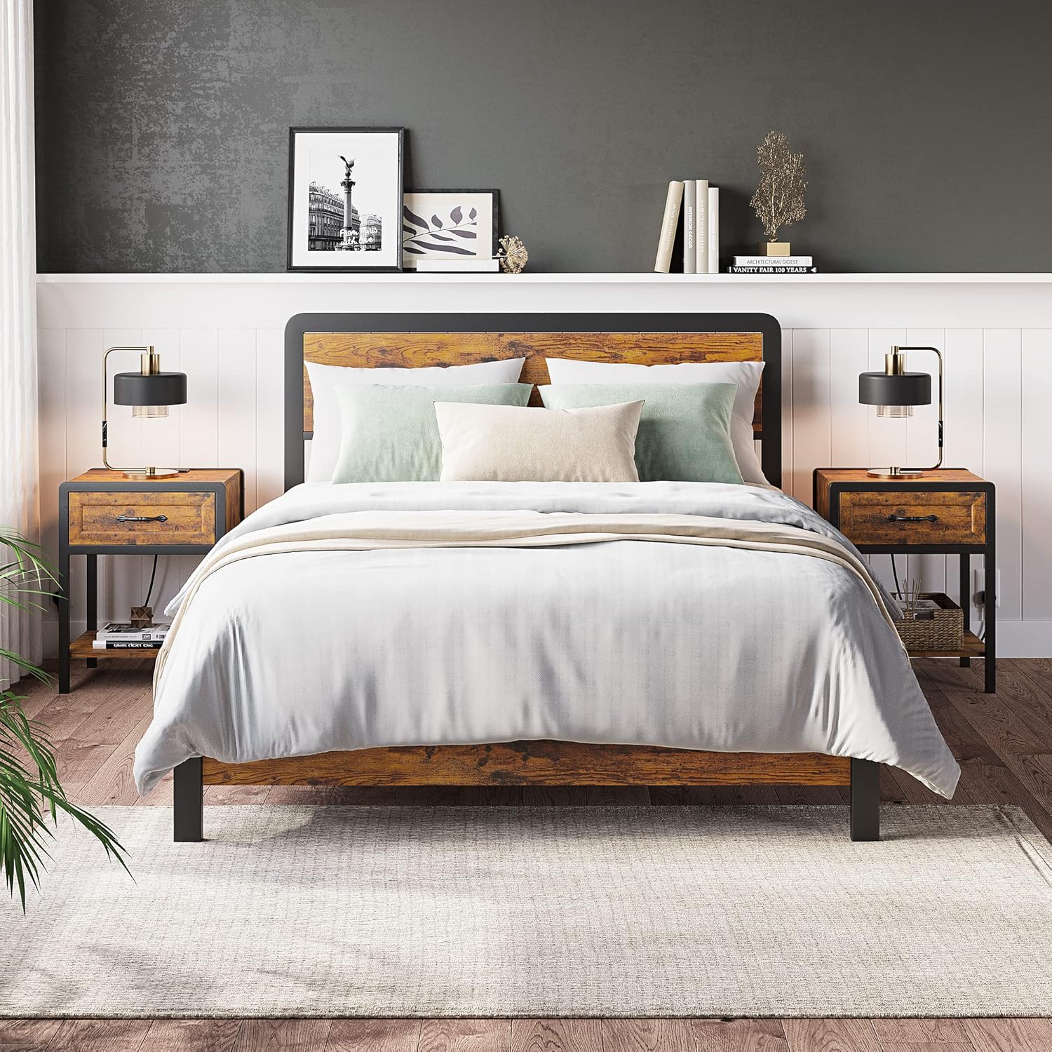 Garvee - Queen Bed Frame with Headboard Platform Bed Frame with Safe Rounded Corners Nightstand S...