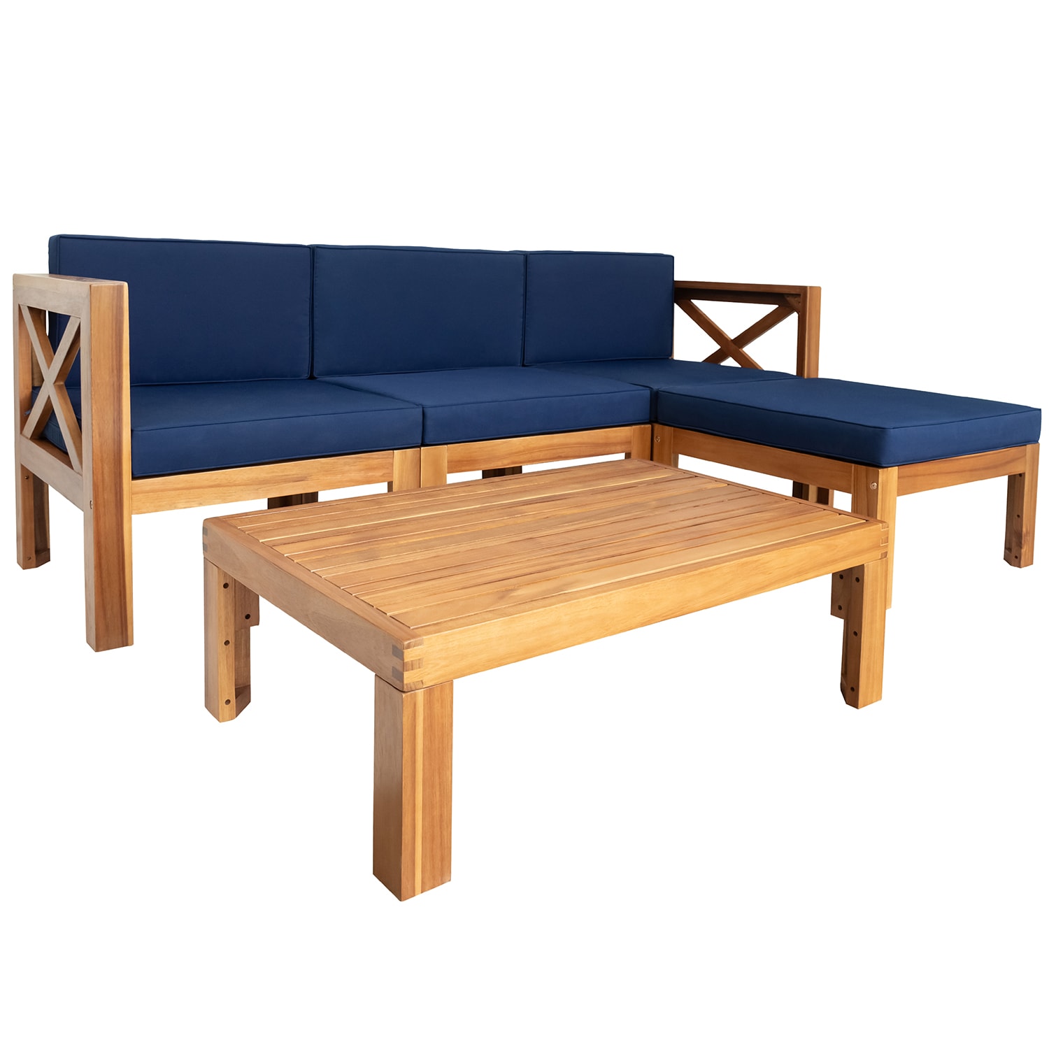 SINOFURN SYA020191BK Outdoor Sectional with Blue Cushions and Acacia Frame