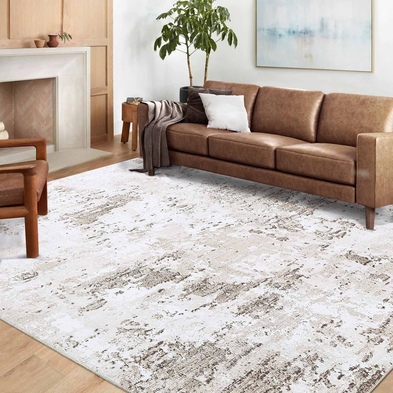 Garvee YXY-LO-PHO-0XT4HJPD 5 x 7 (ft) Loomed Beige/Brown Rectangular Indoor Abstract Mid-Century Modern Machine washable Pet Friendly Area rug