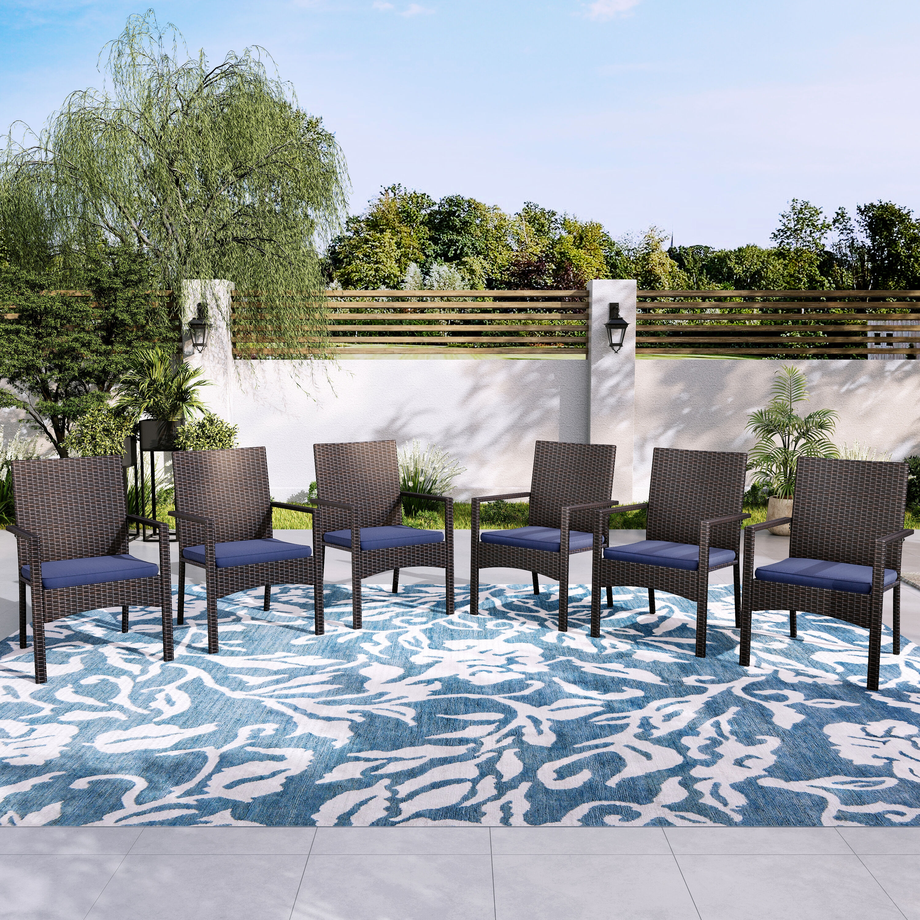 Sunshine Valley 3-PV-210 Set of 6 Rattan Black Metal Frame Stationary Dining Chair with Blue Olefin Cushioned Seat