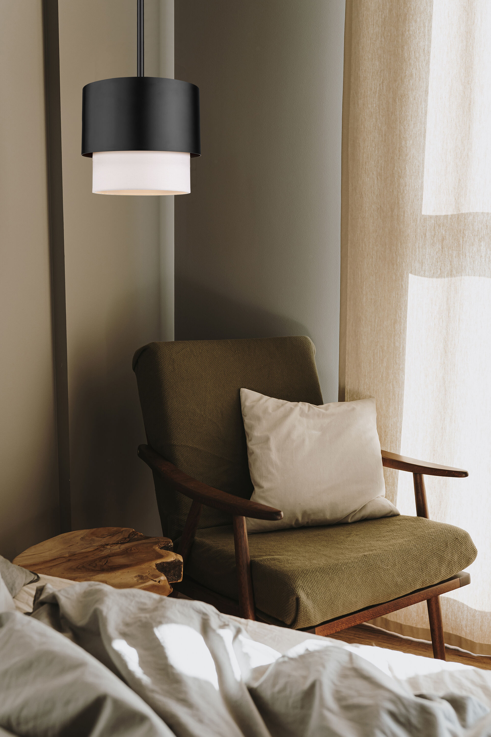 Matte Black and White Fabric Shade Pendant Light
