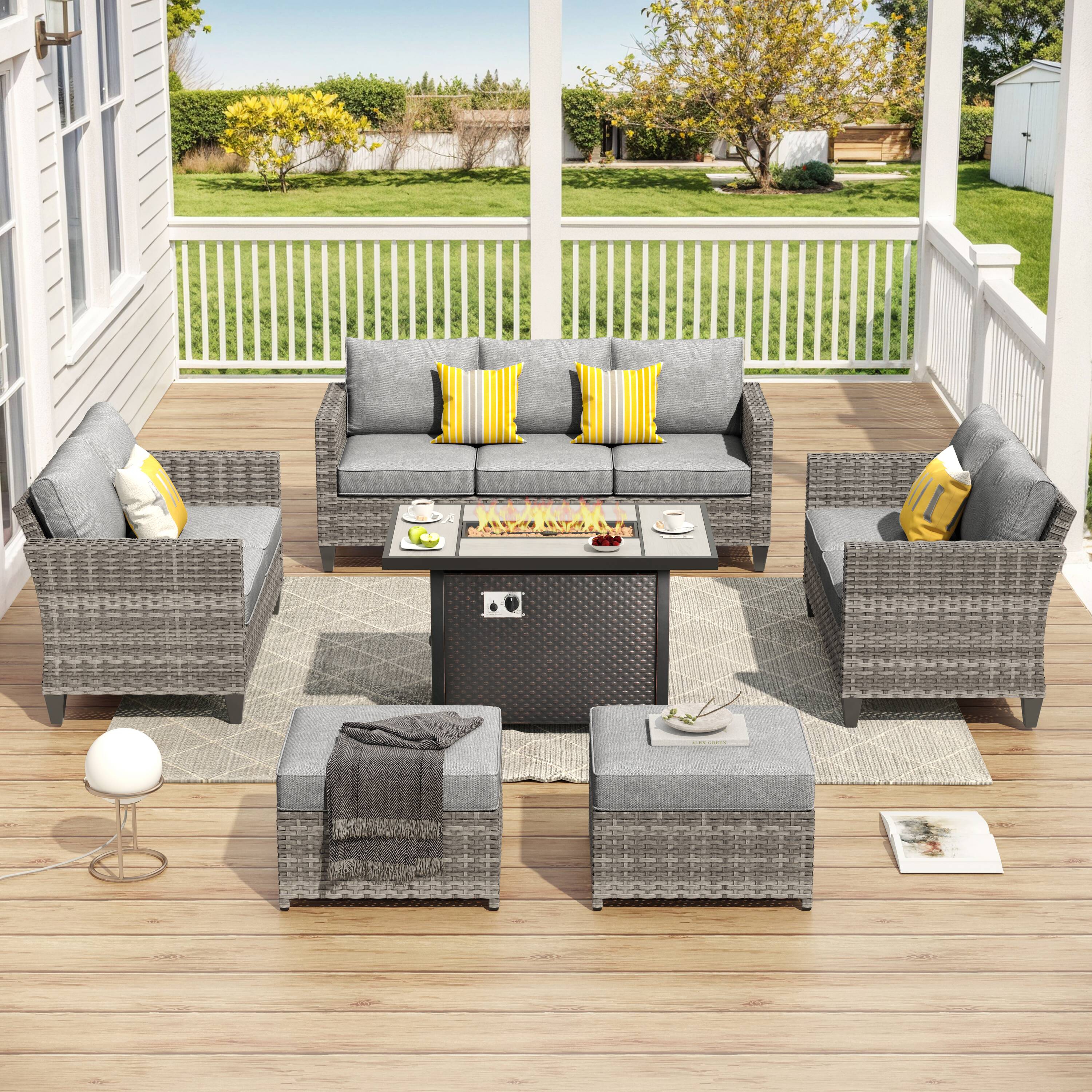 Pouuin SDFPVYZBS209 6 -Piece Wicker Patio Sofa Conversation Set with Dark Gray Cushions