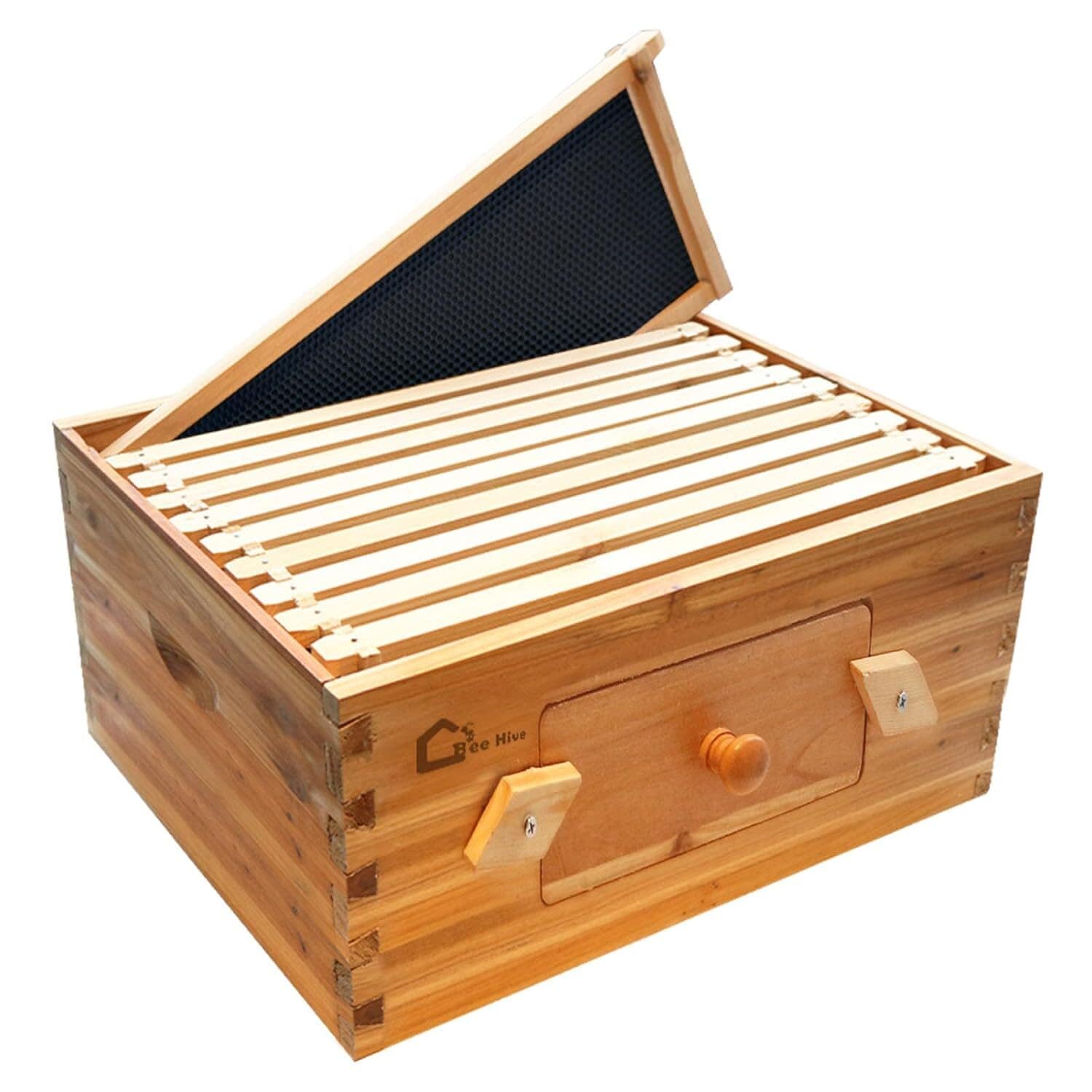 Qeetex GGL-PPG-33BUKCDY 10-Frame Deep Brood Box Wax Coated Bee Hives Deep Box with Transparent Acrylic Windows Beehives Frames and Wax Foundations Langstroth Hive Body Brood Box for Beekeeping Supplement